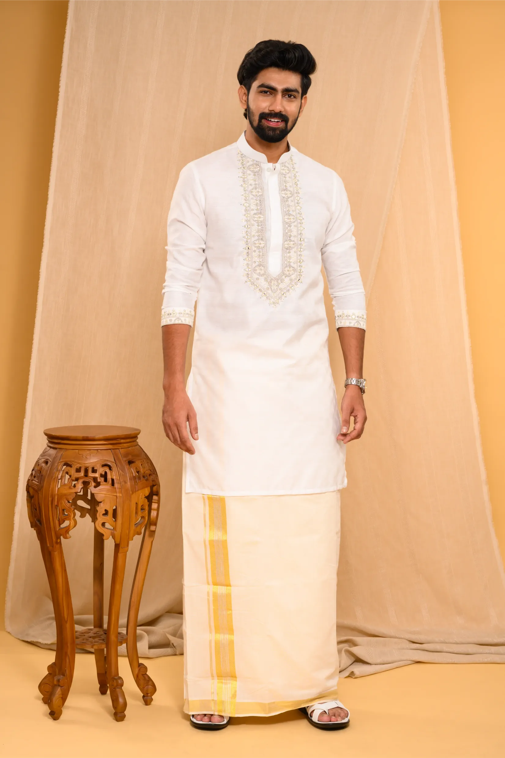 Off- White Silk Kurta with Heavy Hand Embroidery detailing on placket & sleeve edge (Kurta Only)