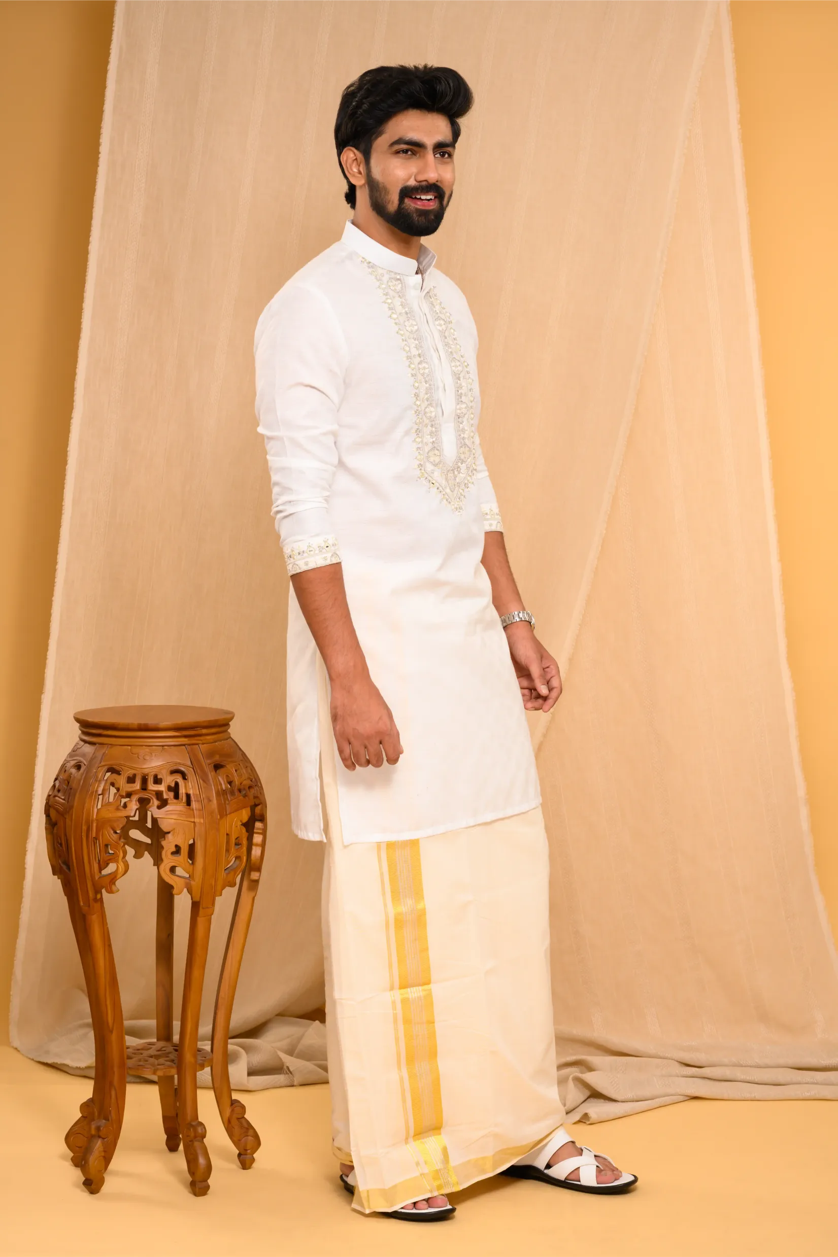 Off- White Silk Kurta with Heavy Hand Embroidery detailing  on placket  & sleeve edge (Kurta Only)