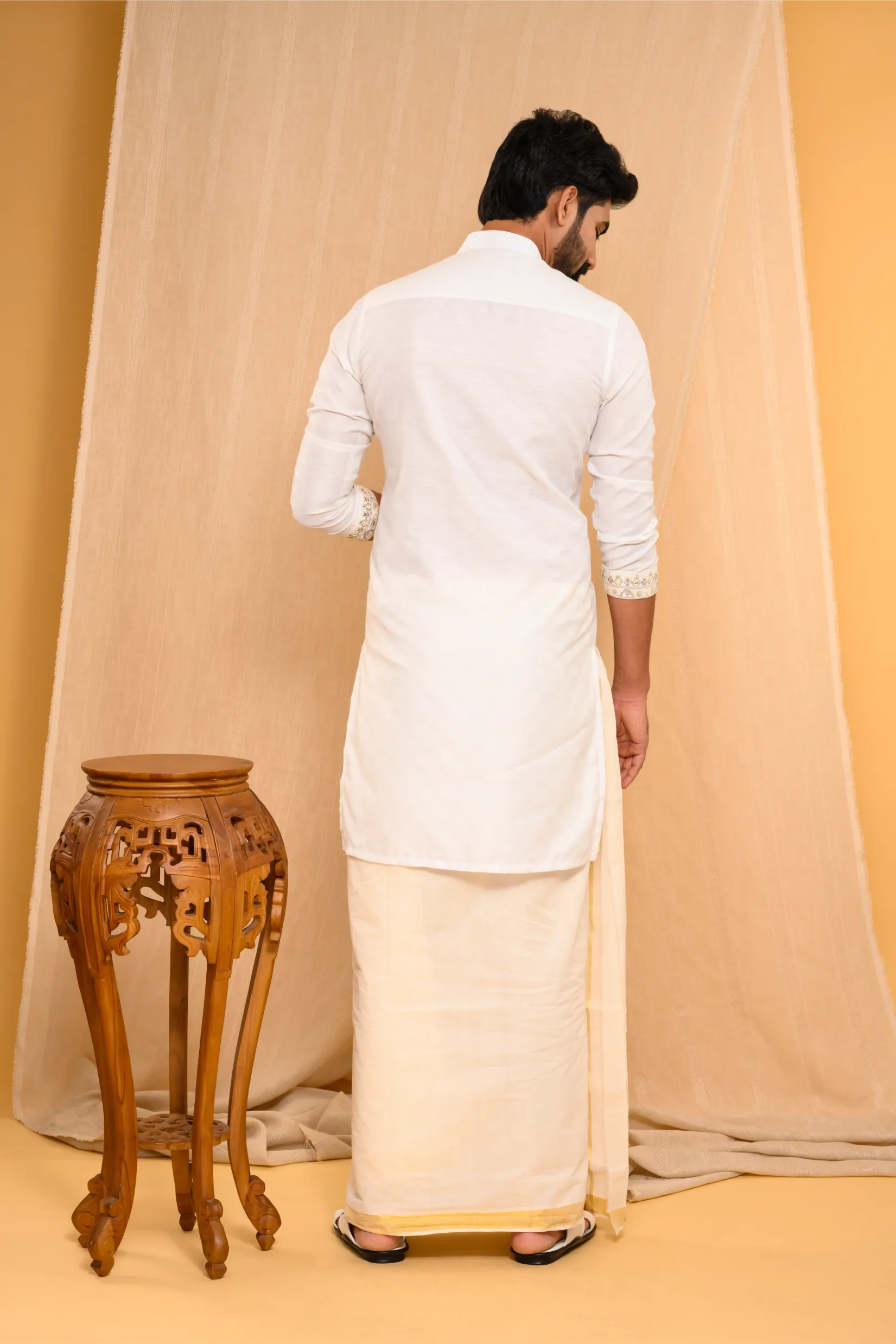 Off- White Silk Kurta with Heavy Hand Embroidery detailing  on placket  & sleeve edge (Kurta Only)