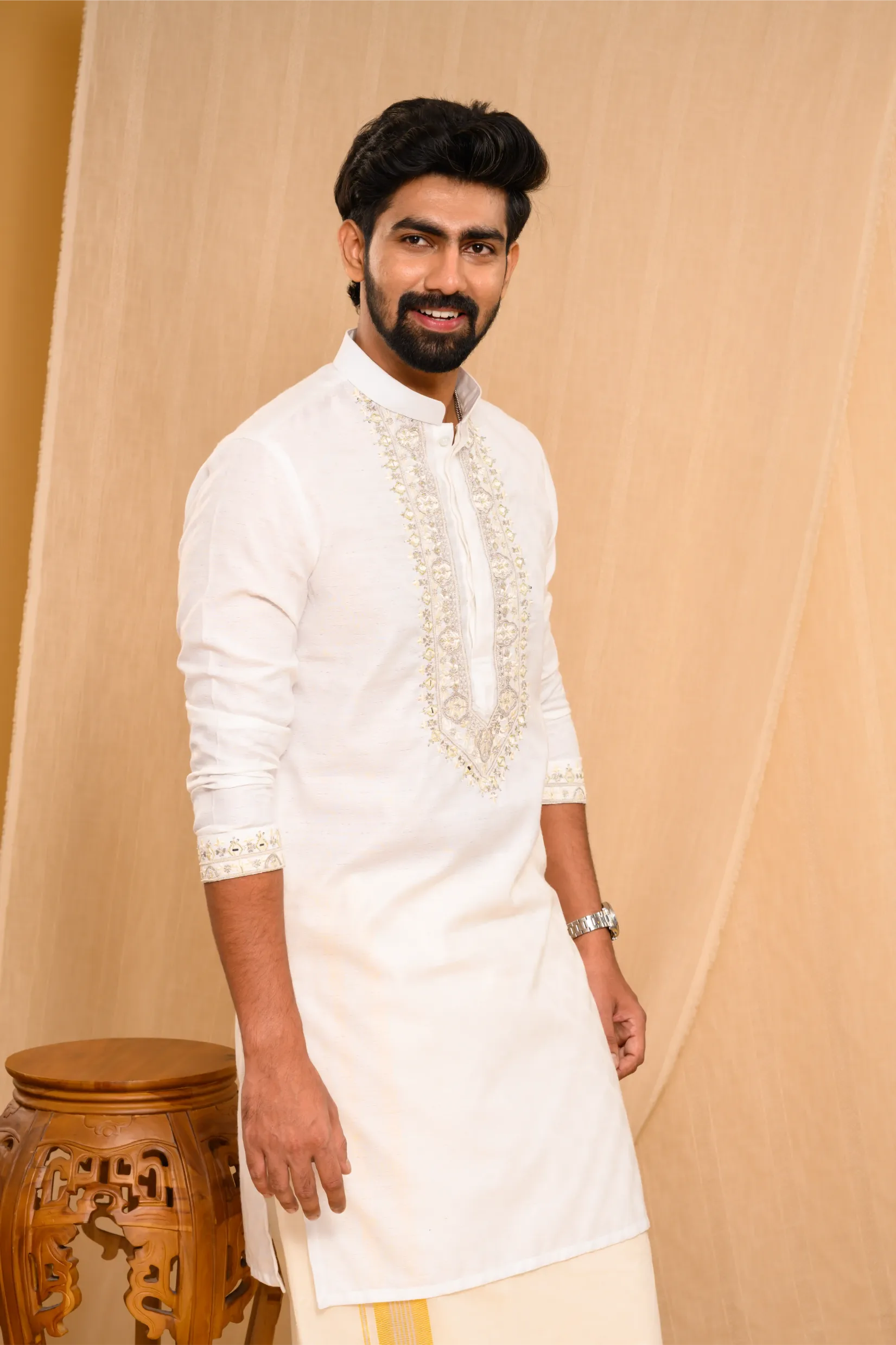 Off- White Silk Kurta with Heavy Hand Embroidery detailing  on placket  & sleeve edge (Kurta Only)