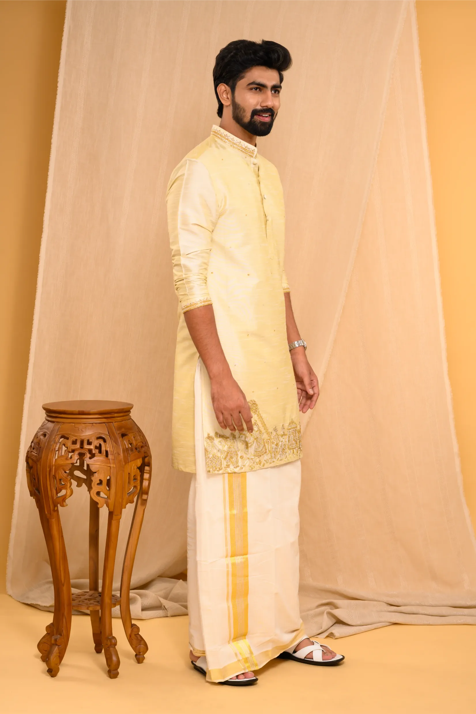 Golden Silk Kurta with Heavy Hand Embroidery detailing on placket & sleeve edge (Kurta Only)