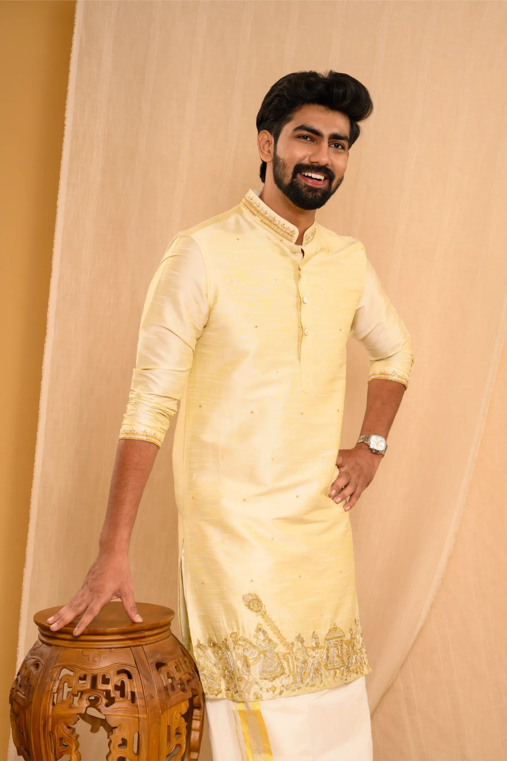 Golden Silk Kurta with Heavy Hand Embroidery detailing on placket & sleeve edge (Kurta Only)