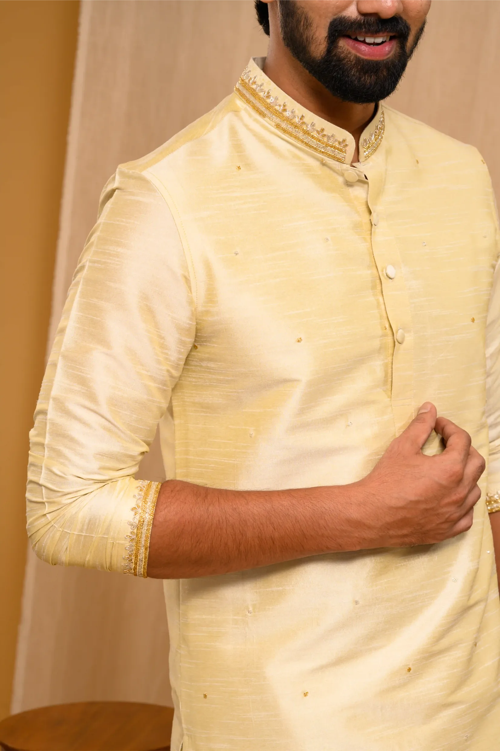 Golden Silk Kurta with Heavy Hand Embroidery detailing on placket & sleeve edge (Kurta Only)