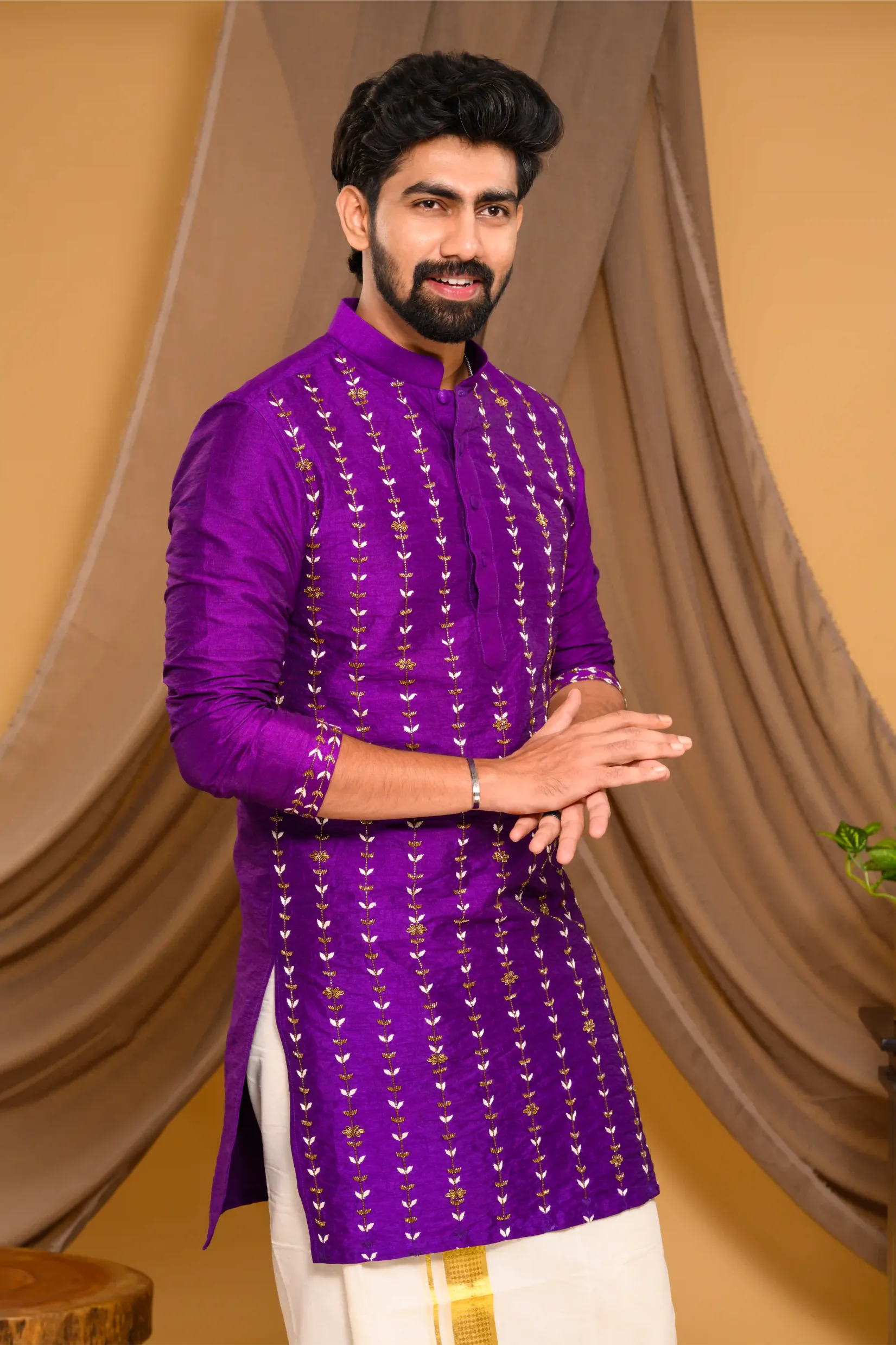 Purple Silk Kurta with Vertical Hand Embroidery detailing on Body & Sleeve edge (Kurta Only)