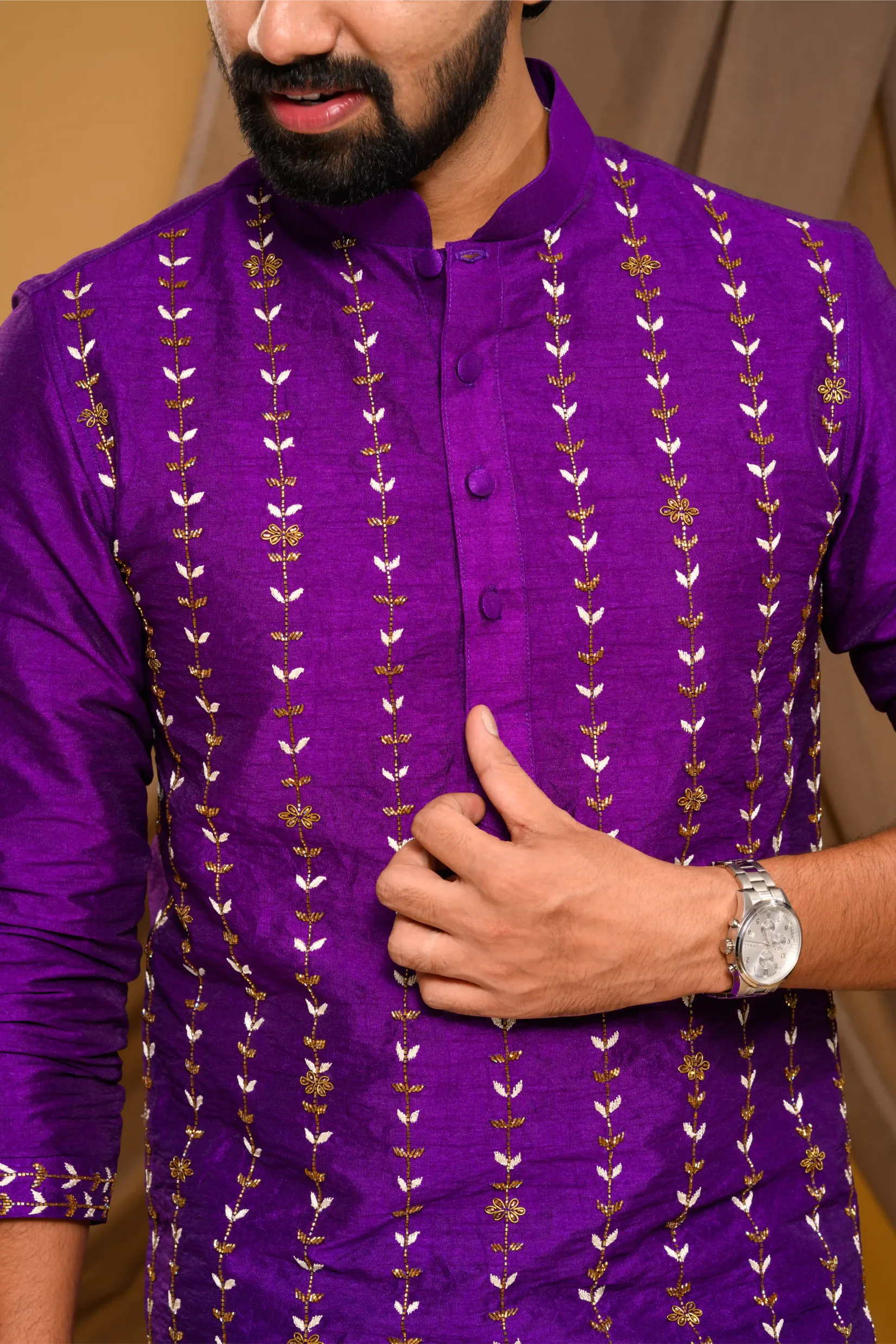 Purple Silk Kurta with Vertical Hand Embroidery detailing on Body & Sleeve edge (Kurta Only)