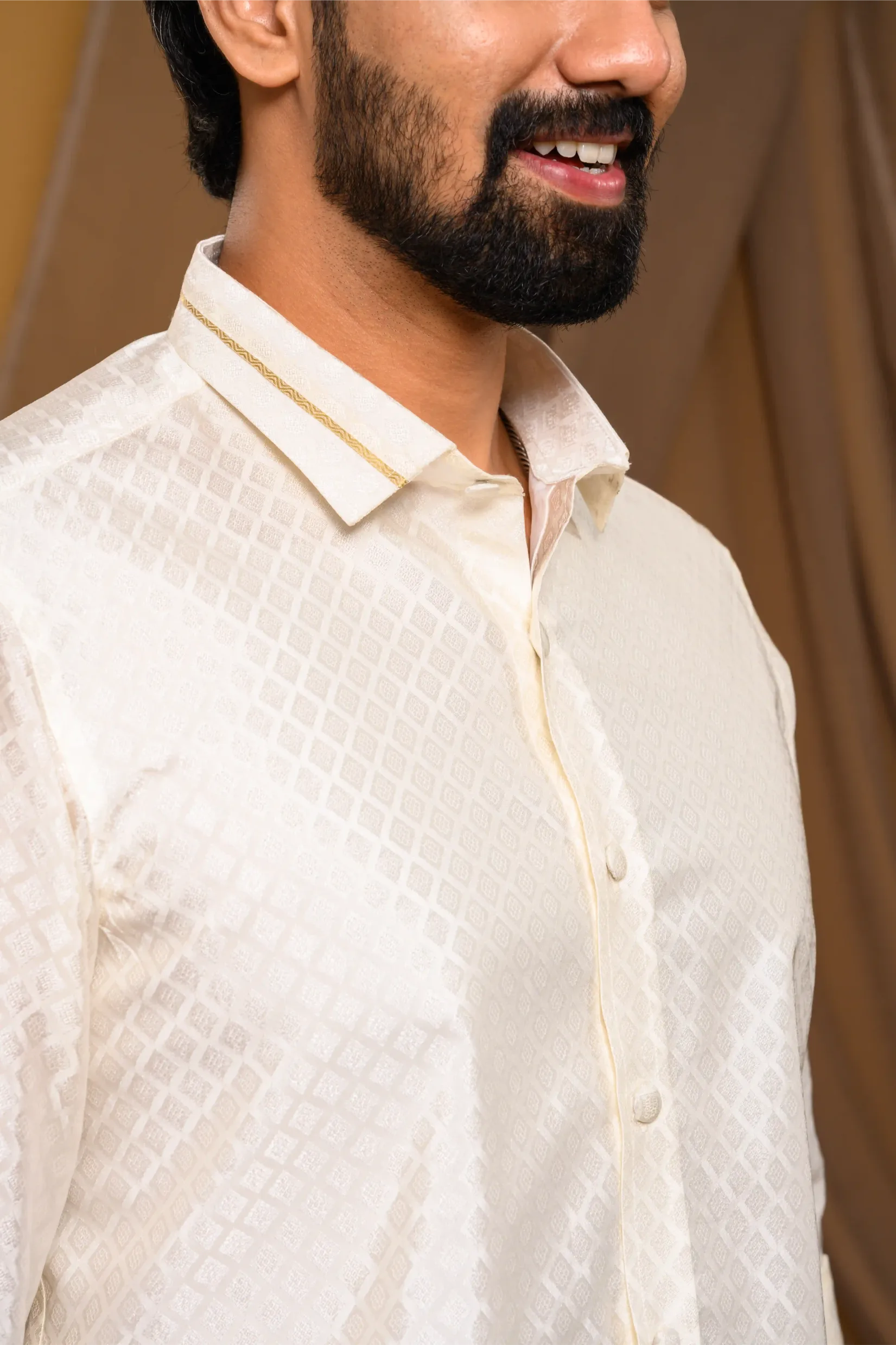 Off White Self Design Woven Traditional Shirt with Golden Kasavu line detailing on Collar (Shirt Only)