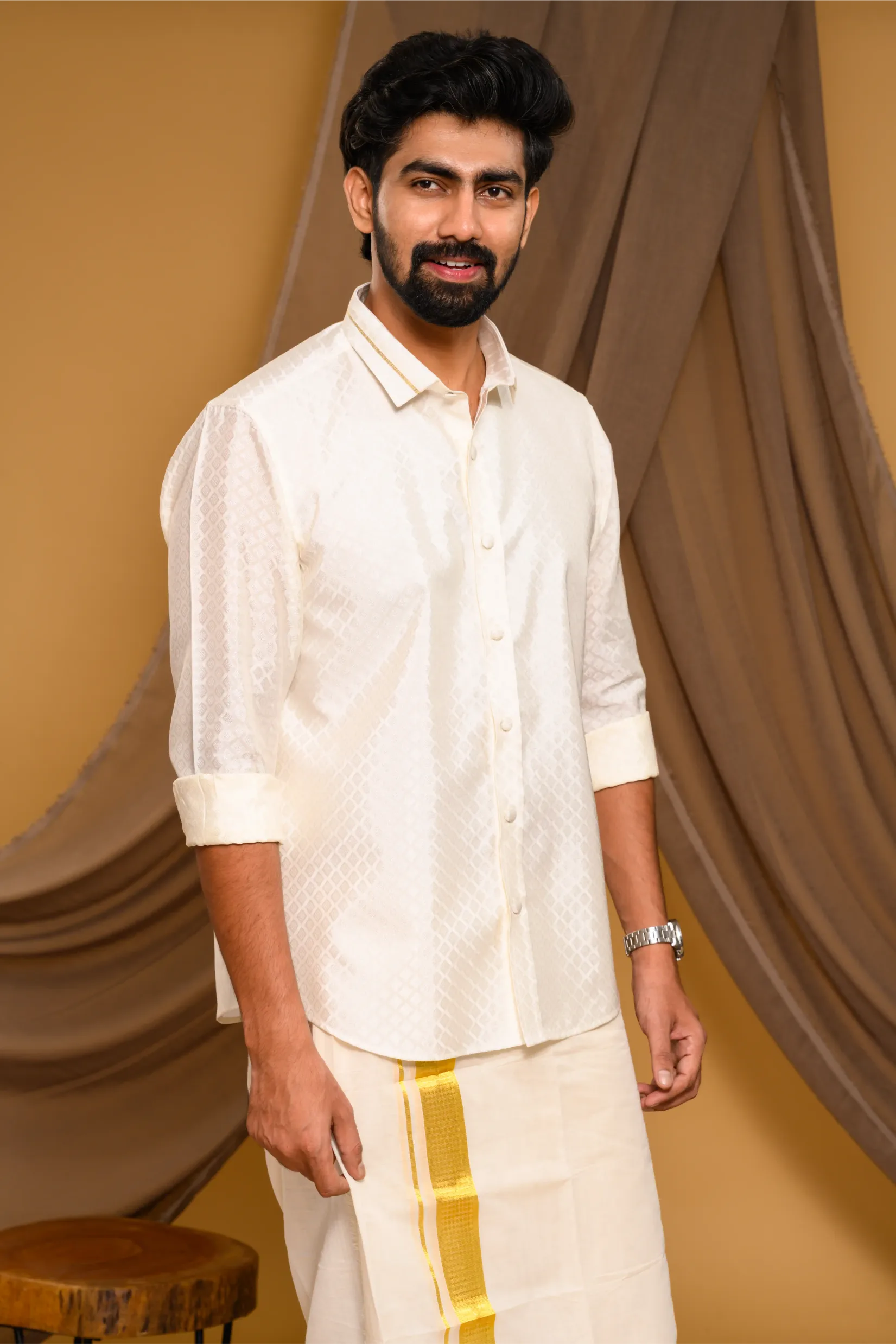 Off White Self Design Woven Traditional Shirt with Golden Kasavu line detailing on Collar (Shirt Only)