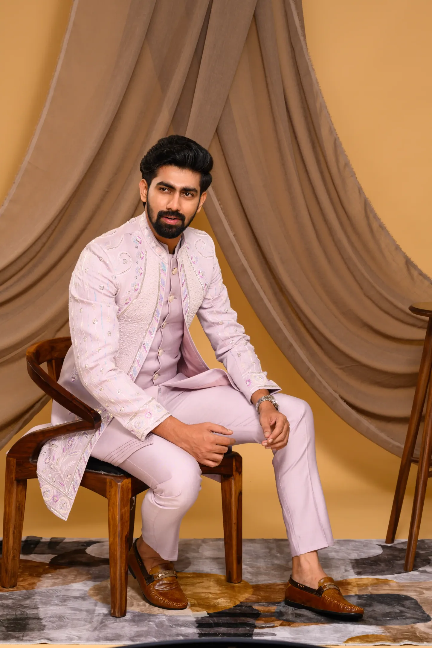 Embroidered Pastel Lavender Shade Open Indo Western Slim Jacket paired with Kurta & Narrow Pants  (Set of 3)