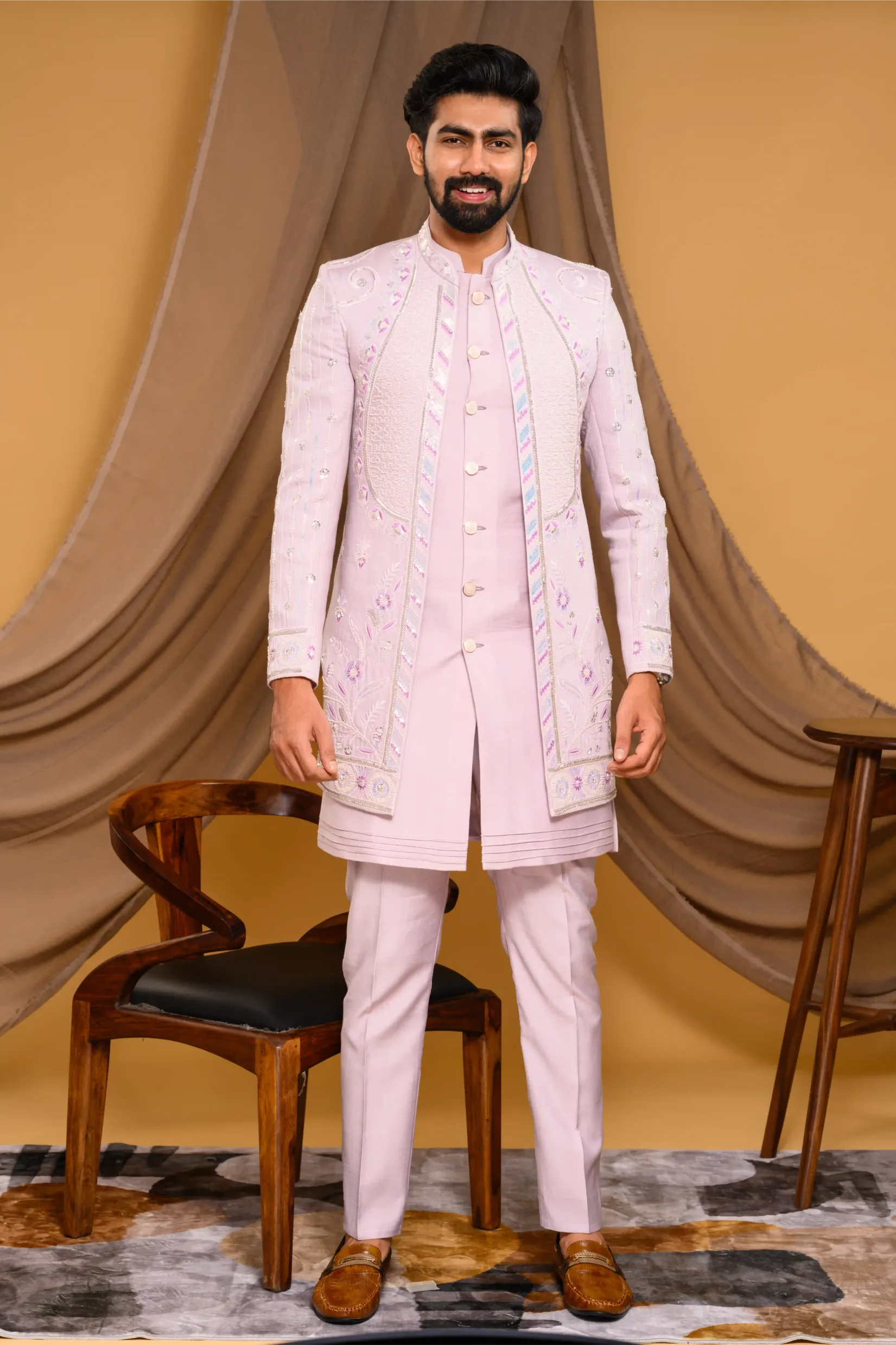 Embroidered Pastel Lavender Shade Open Indo Western Slim Jacket paired with Kurta & Narrow Pants  (Set of 3)