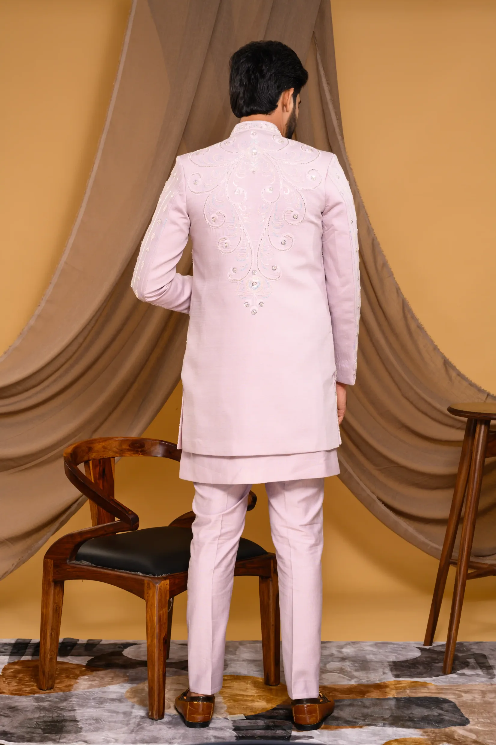 Embroidered Pastel Lavender Shade Open Indo Western Slim Jacket paired with Kurta & Narrow Pants  (Set of 3)
