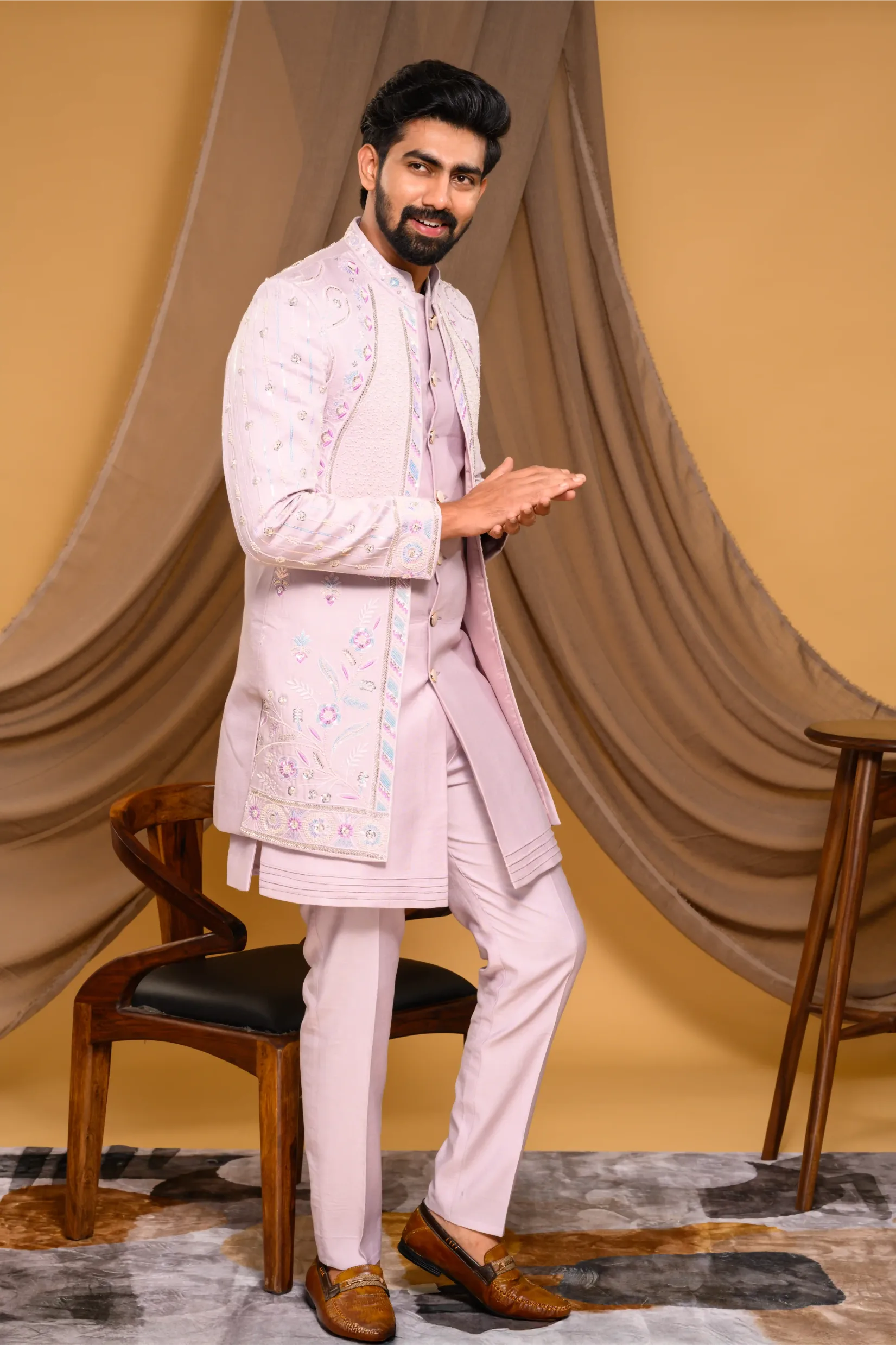 Embroidered Pastel Lavender Shade Open Indo Western Slim Jacket paired with Kurta & Narrow Pants  (Set of 3)