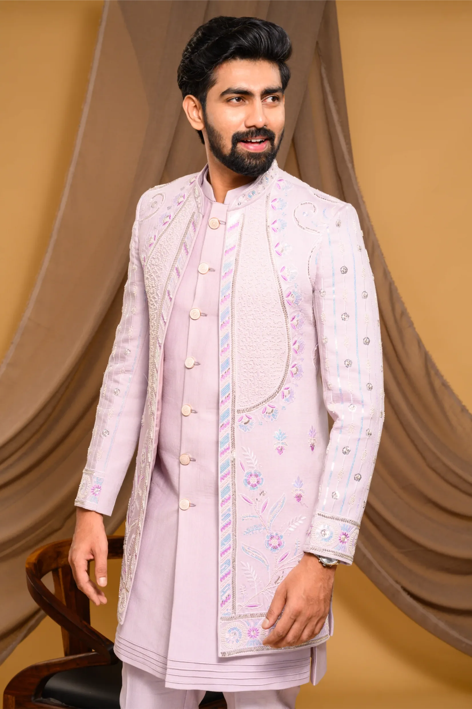 Embroidered Pastel Lavender Shade Open Indo Western Slim Jacket paired with Kurta & Narrow Pants (Set of 3)