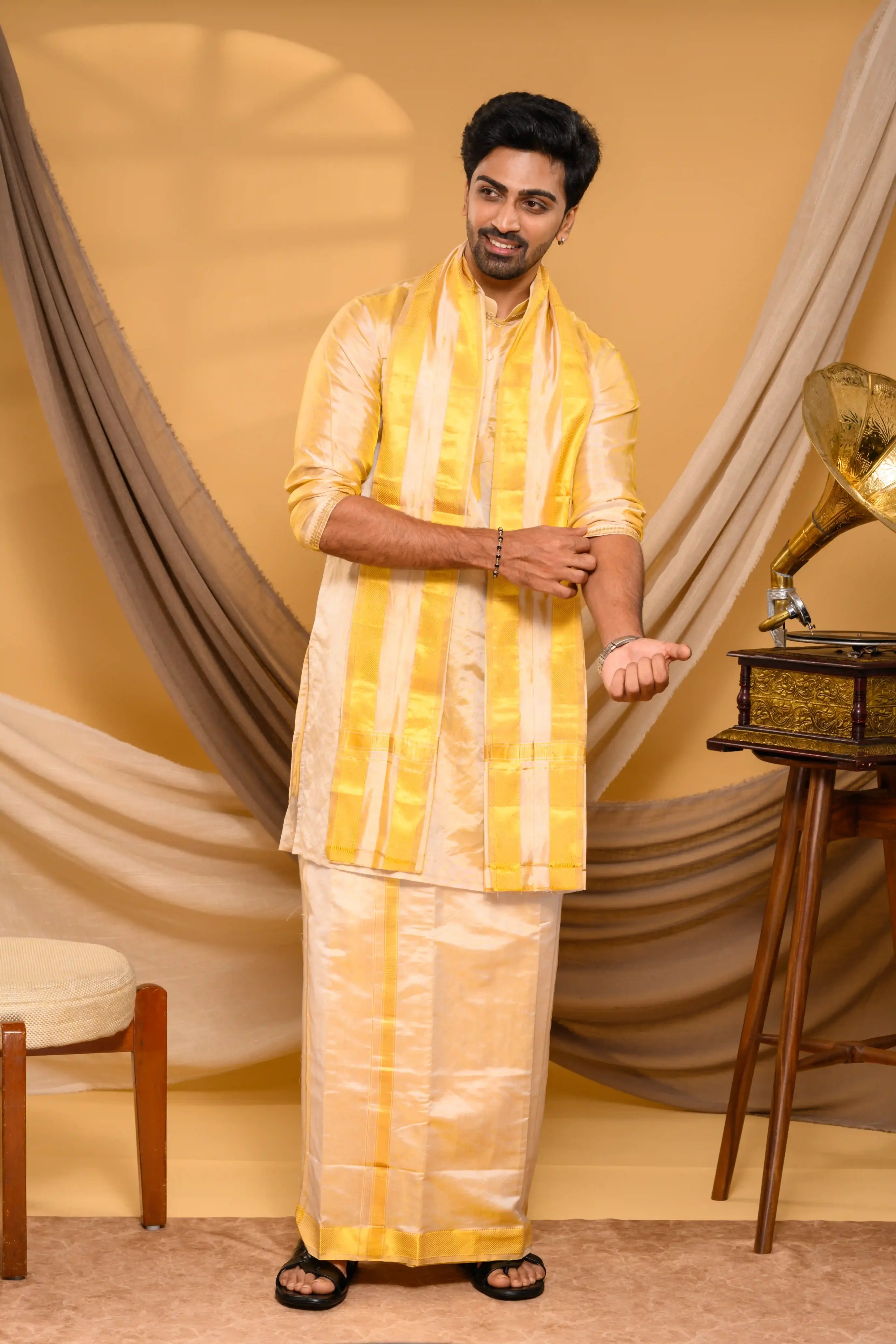 Golden Tissue Silk Kurta with Lotus Motf on Chest (Kurta Only)