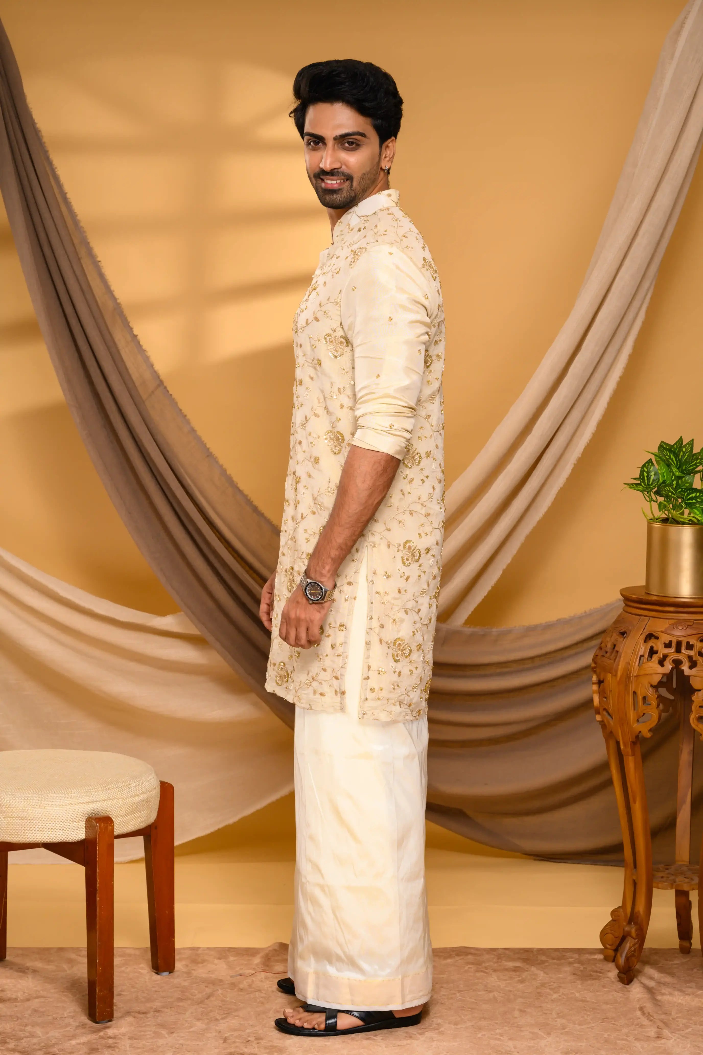 Golden Tissue Silk Kurta with Surface detailing on Body (Kurta Only)