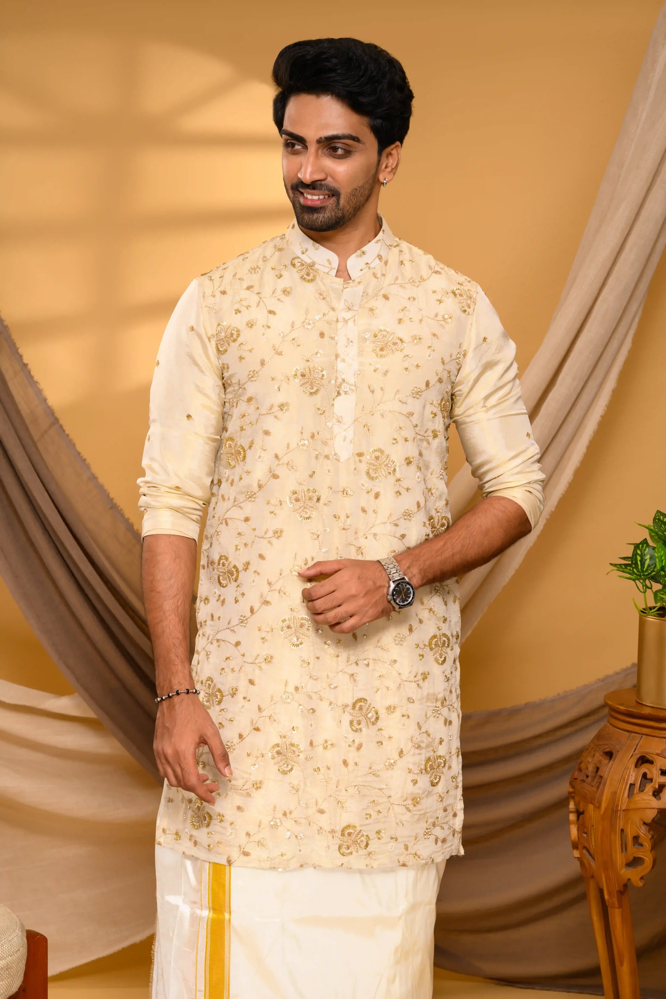 Golden Tissue Silk Kurta with Surface detailing on Body (Kurta Only)