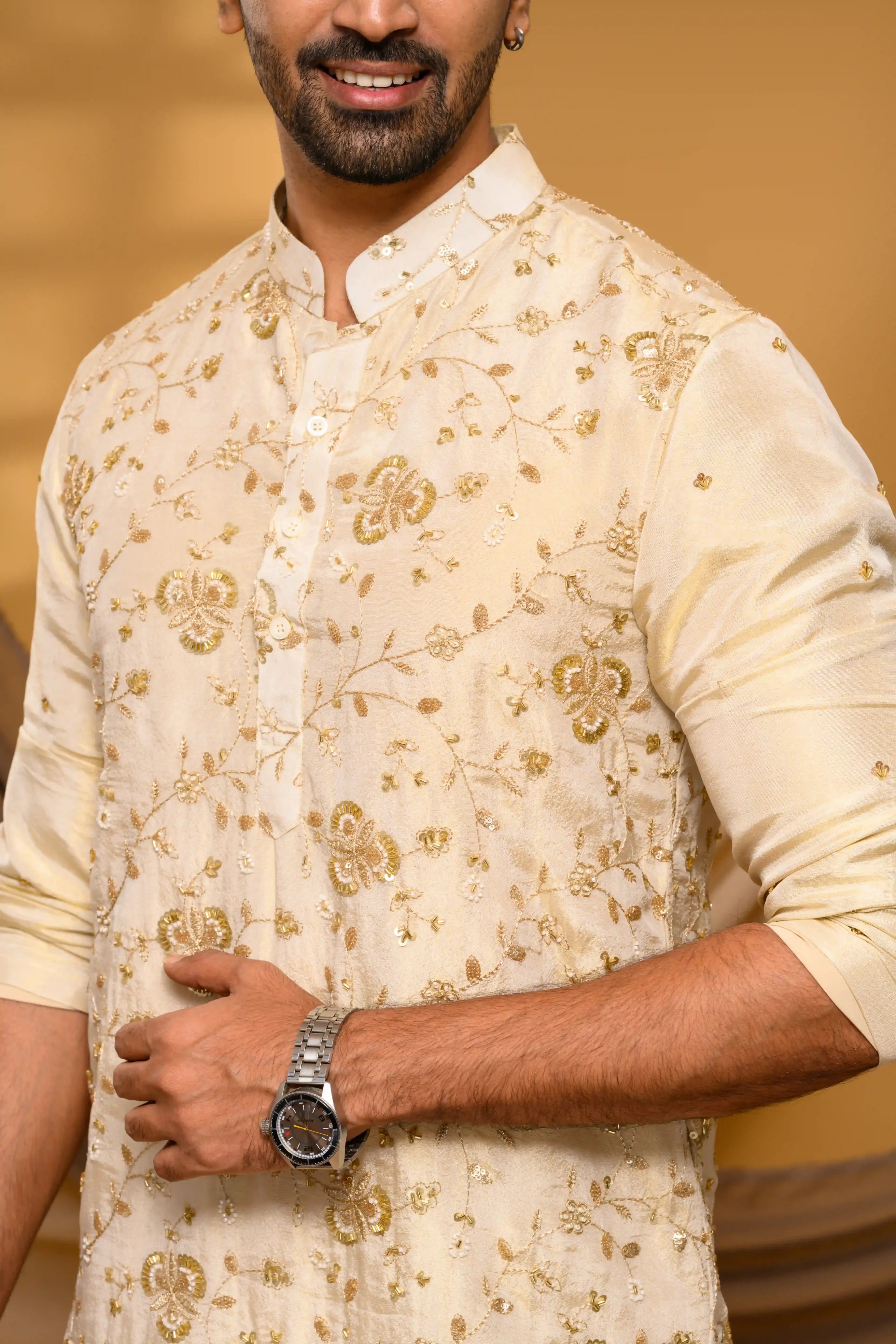 Golden Tissue Silk Kurta with Surface detailing on Body (Kurta Only)
