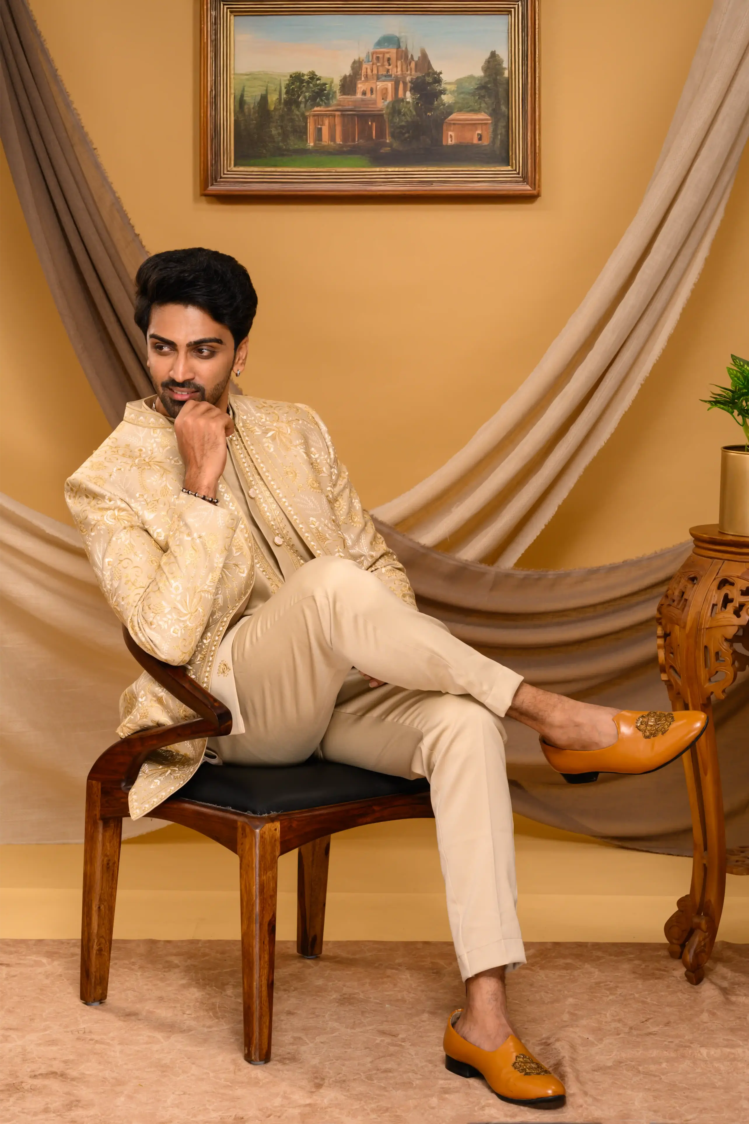 Golden Shade Open Indo Western Slim Jacket paired with Kurta & Narrow Pants (Set of 3)