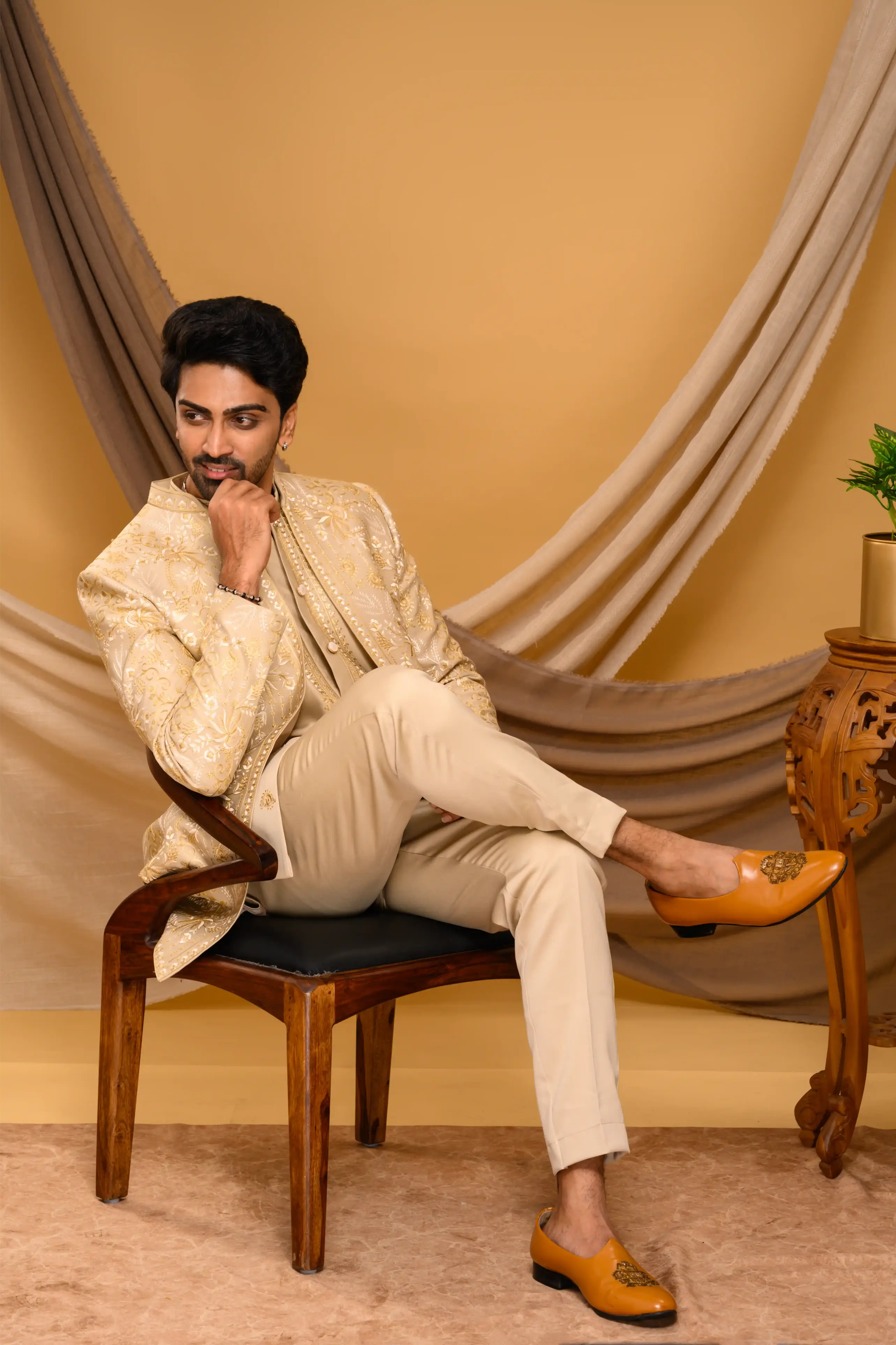 Golden Shade Open Indo Western Slim Jacket paired with Kurta & Narrow Pants (Set of 3)