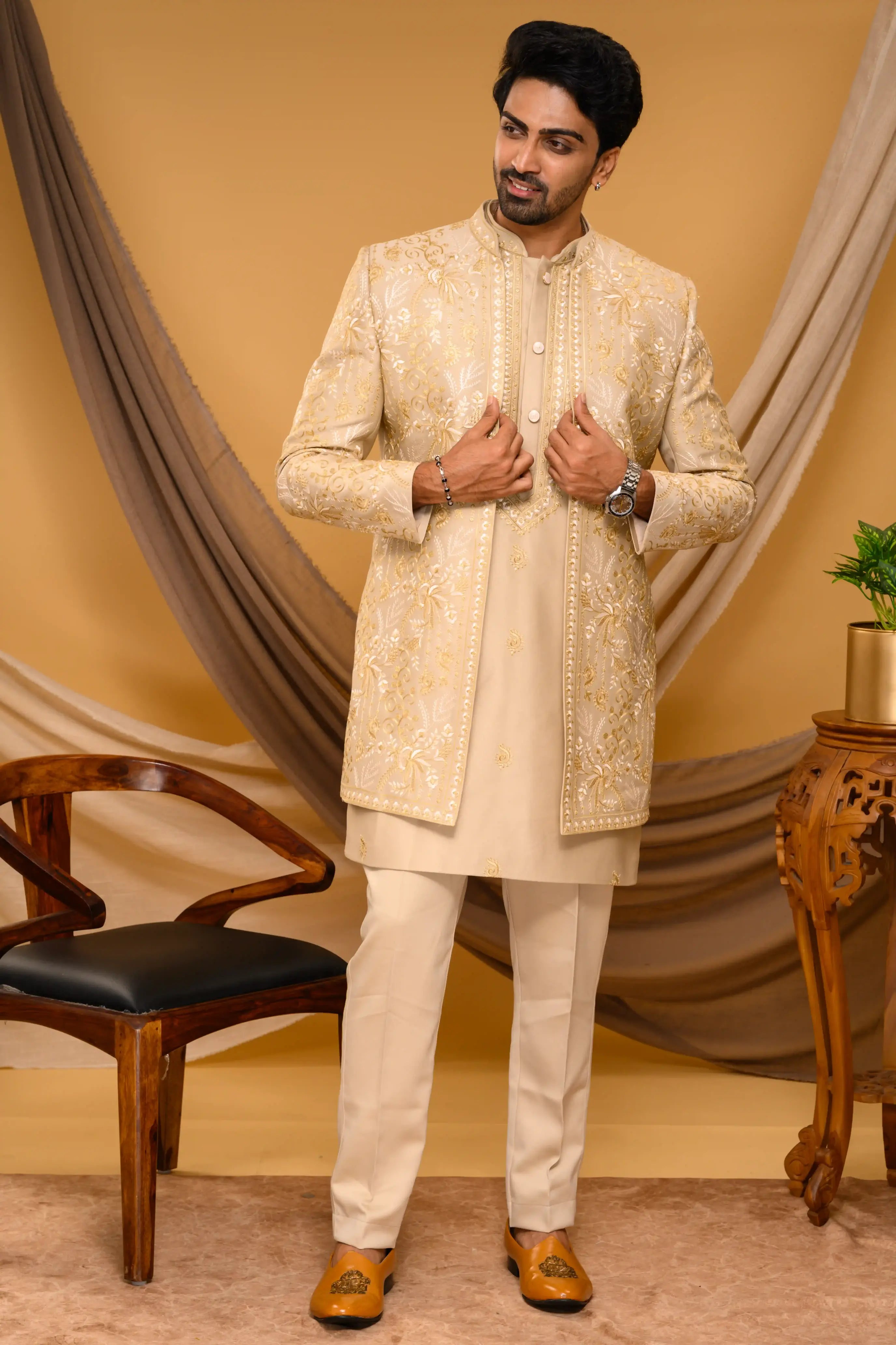 Golden Shade Open Indo Western Slim Jacket  paired with Kurta & Narrow Pants  (Set of 3)
