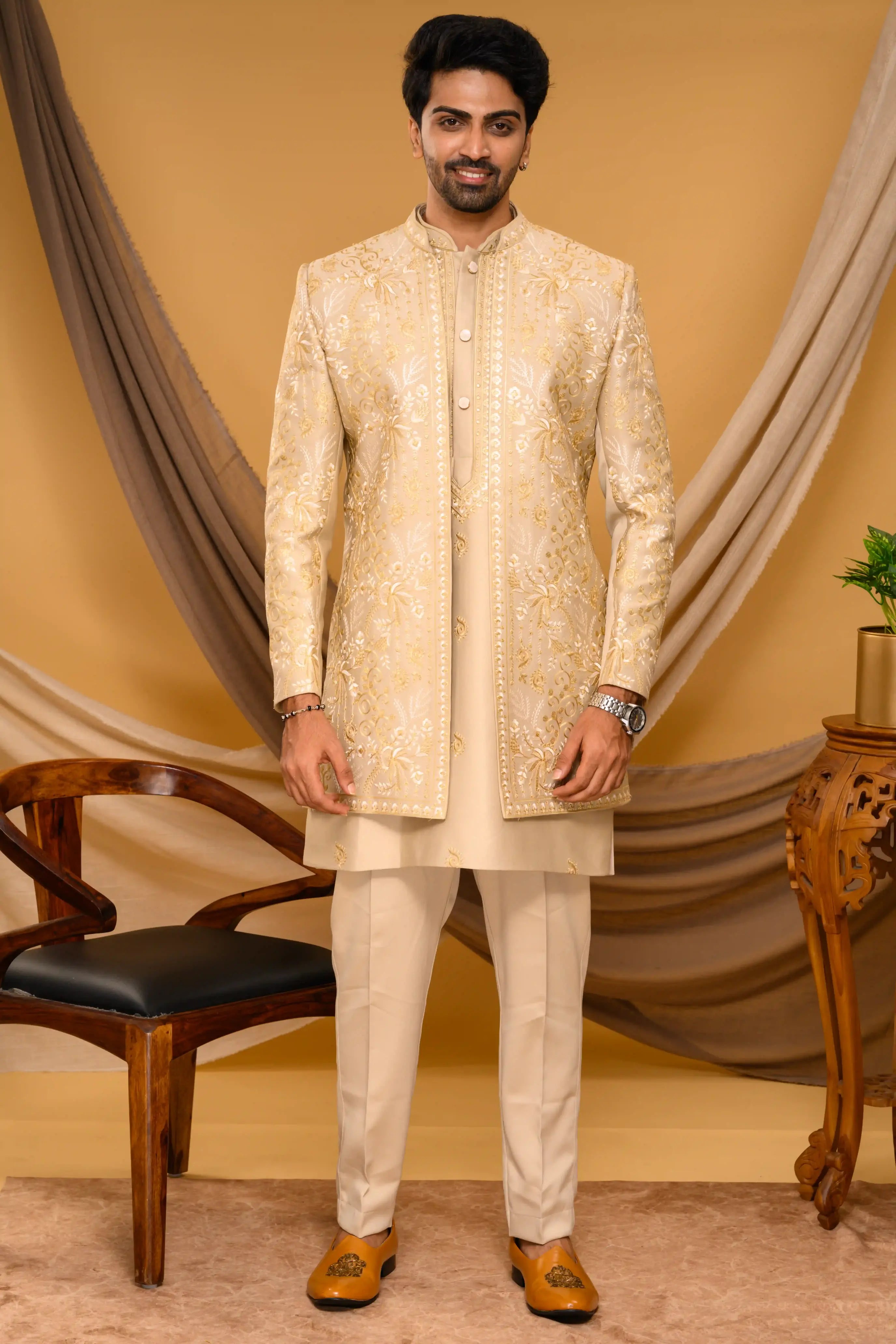 Golden Shade Open Indo Western Slim Jacket  paired with Kurta & Narrow Pants  (Set of 3)