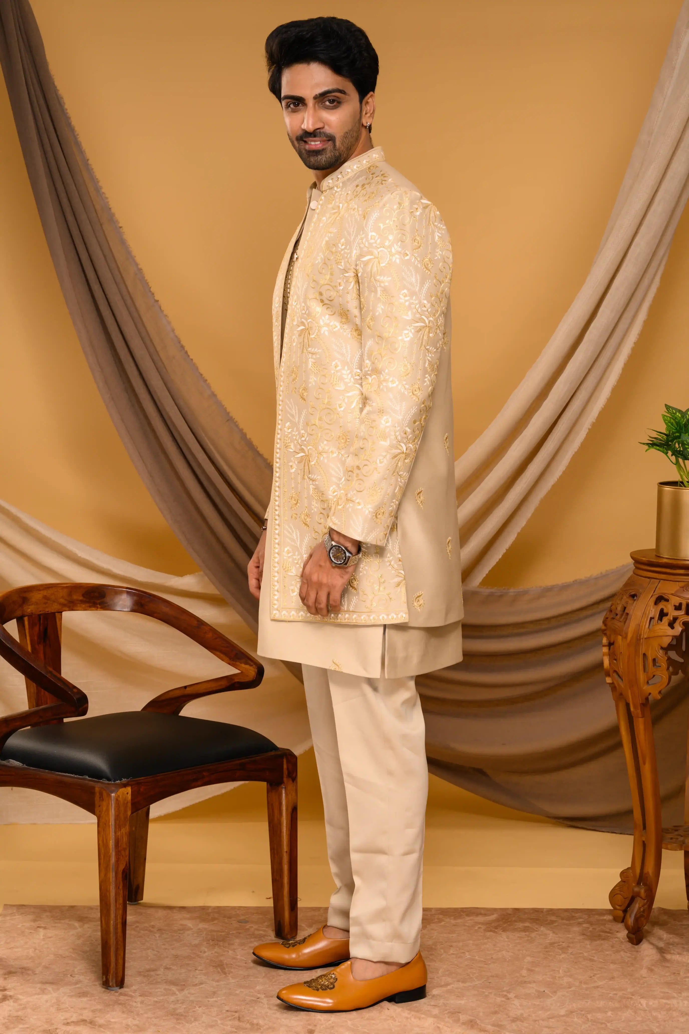 Golden Shade Open Indo Western Slim Jacket paired with Kurta & Narrow Pants (Set of 3)