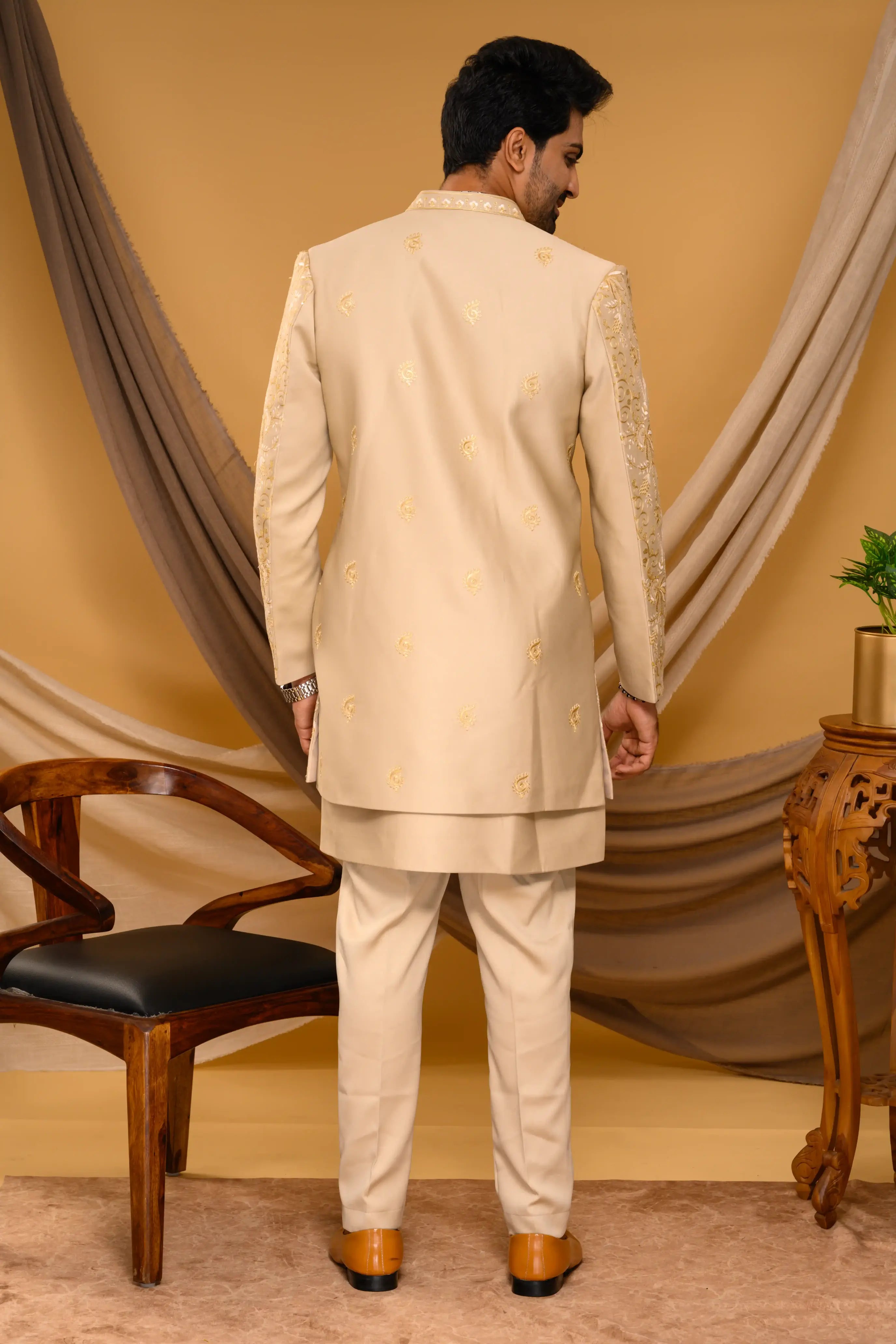 Golden Shade Open Indo Western Slim Jacket paired with Kurta & Narrow Pants (Set of 3)