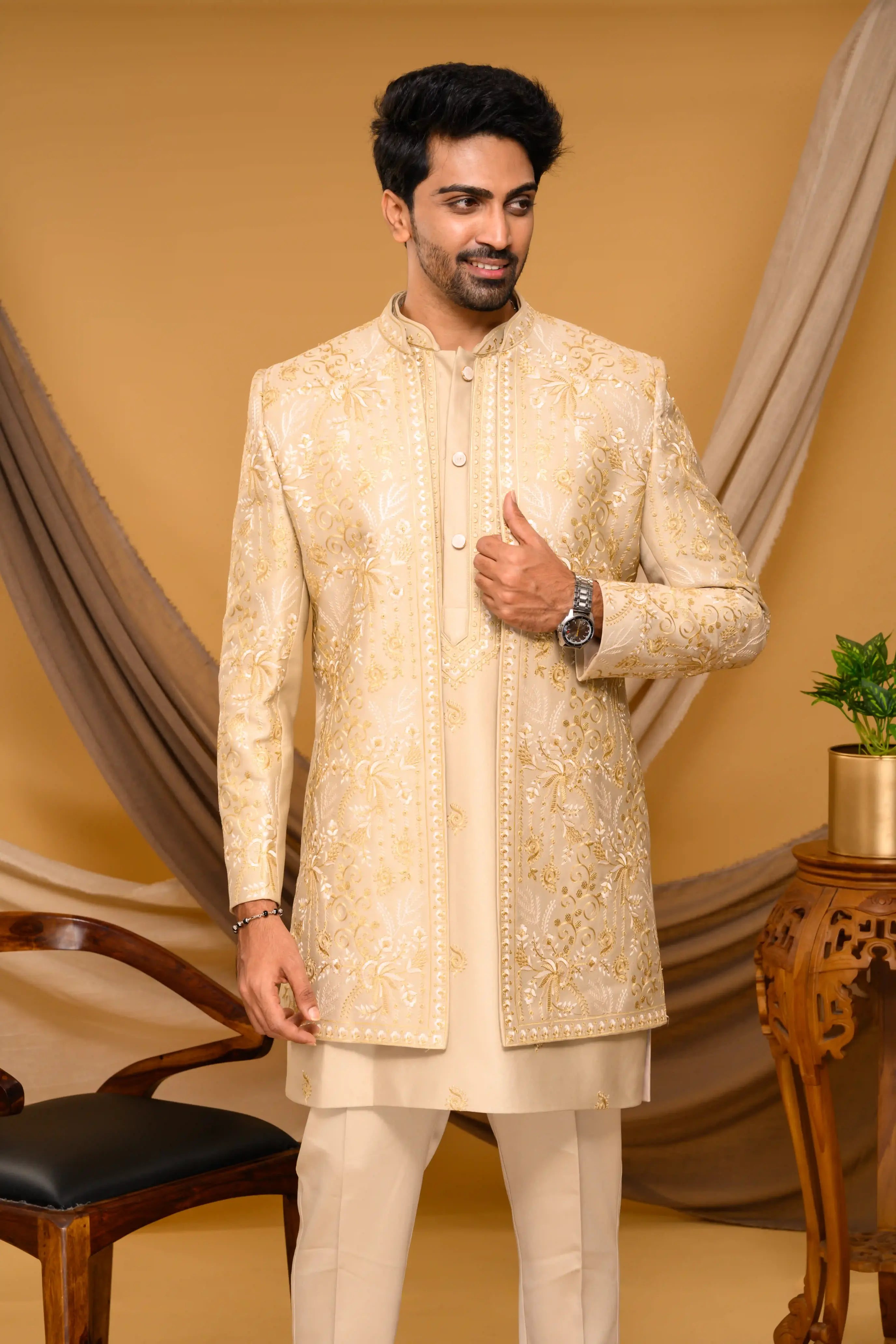 Golden Shade Open Indo Western Slim Jacket paired with Kurta & Narrow Pants (Set of 3)