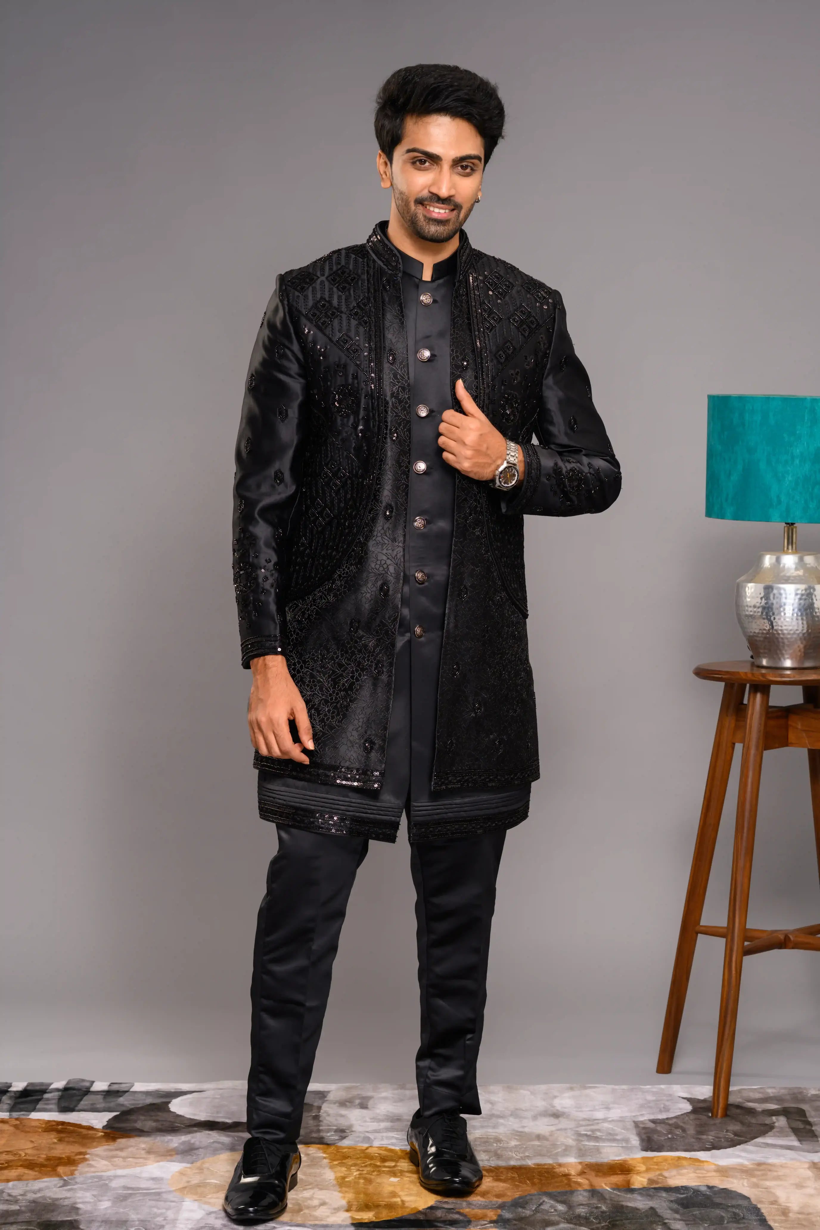 Jet Black Shade Open Indo Western Slim Jacket  paired with Kurta & Narrow Pants (Set of 3)