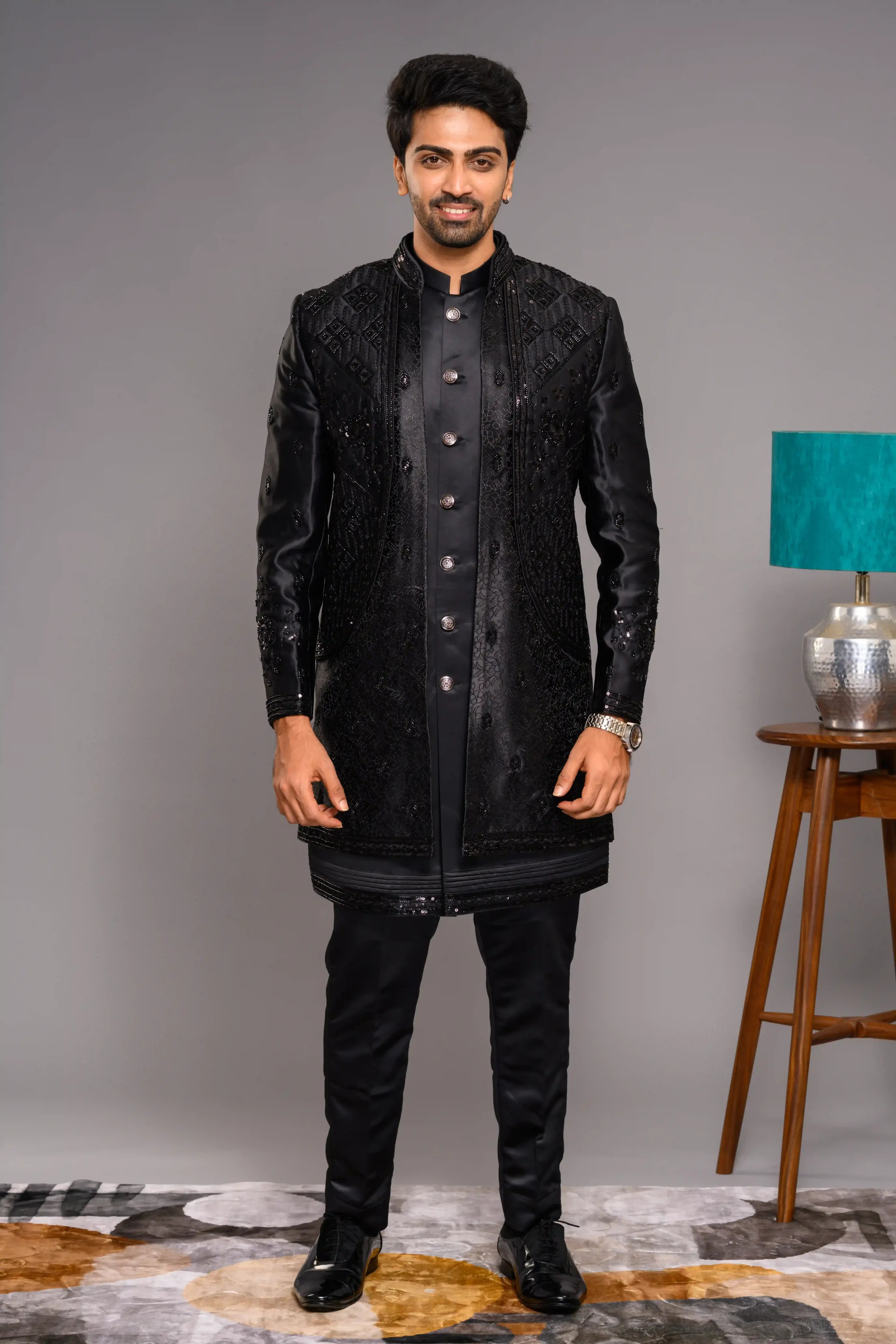 Jet Black Shade Open Indo Western Slim Jacket  paired with Kurta & Narrow Pants (Set of 3)
