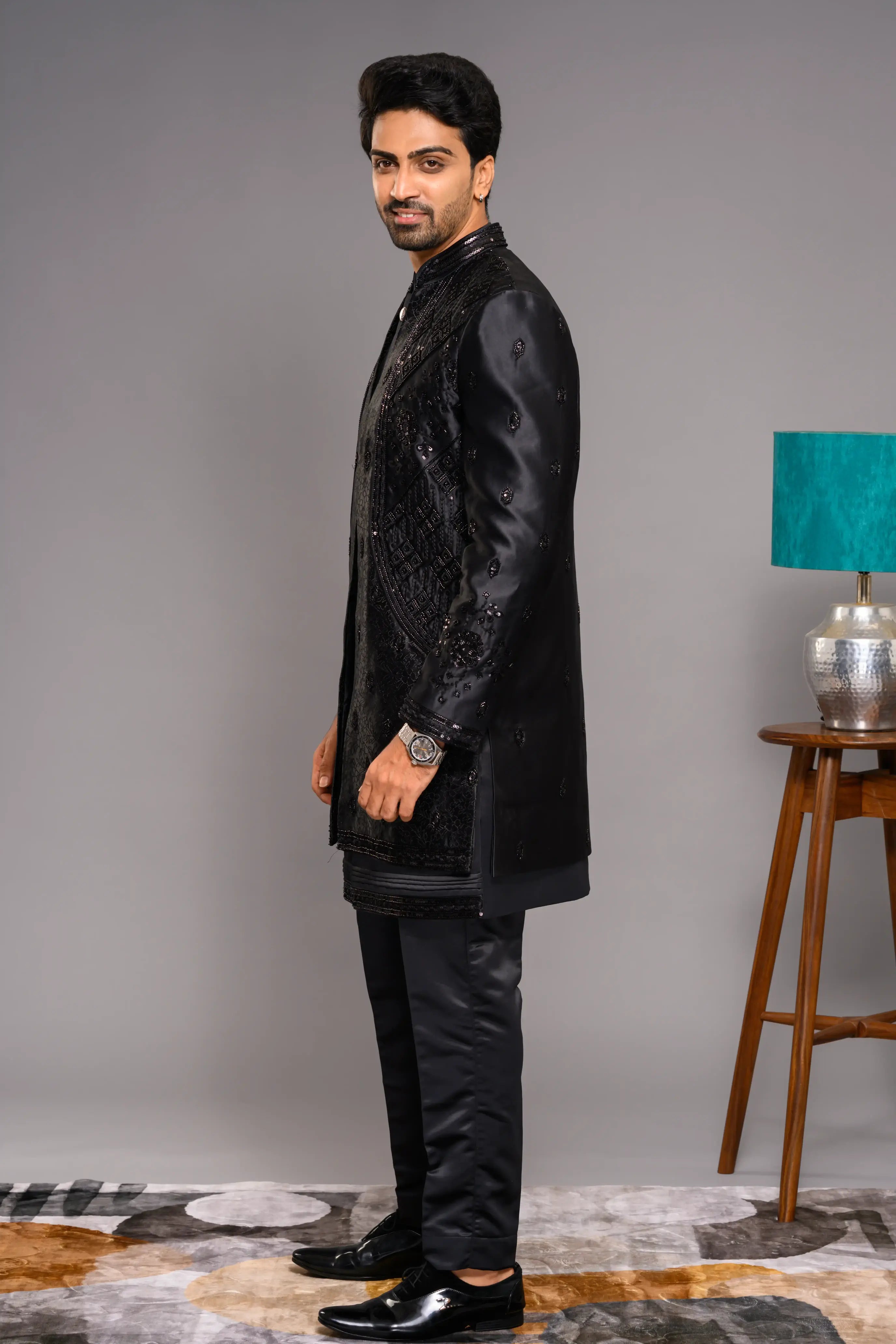 Jet Black Shade Open Indo Western Slim Jacket  paired with Kurta & Narrow Pants (Set of 3)