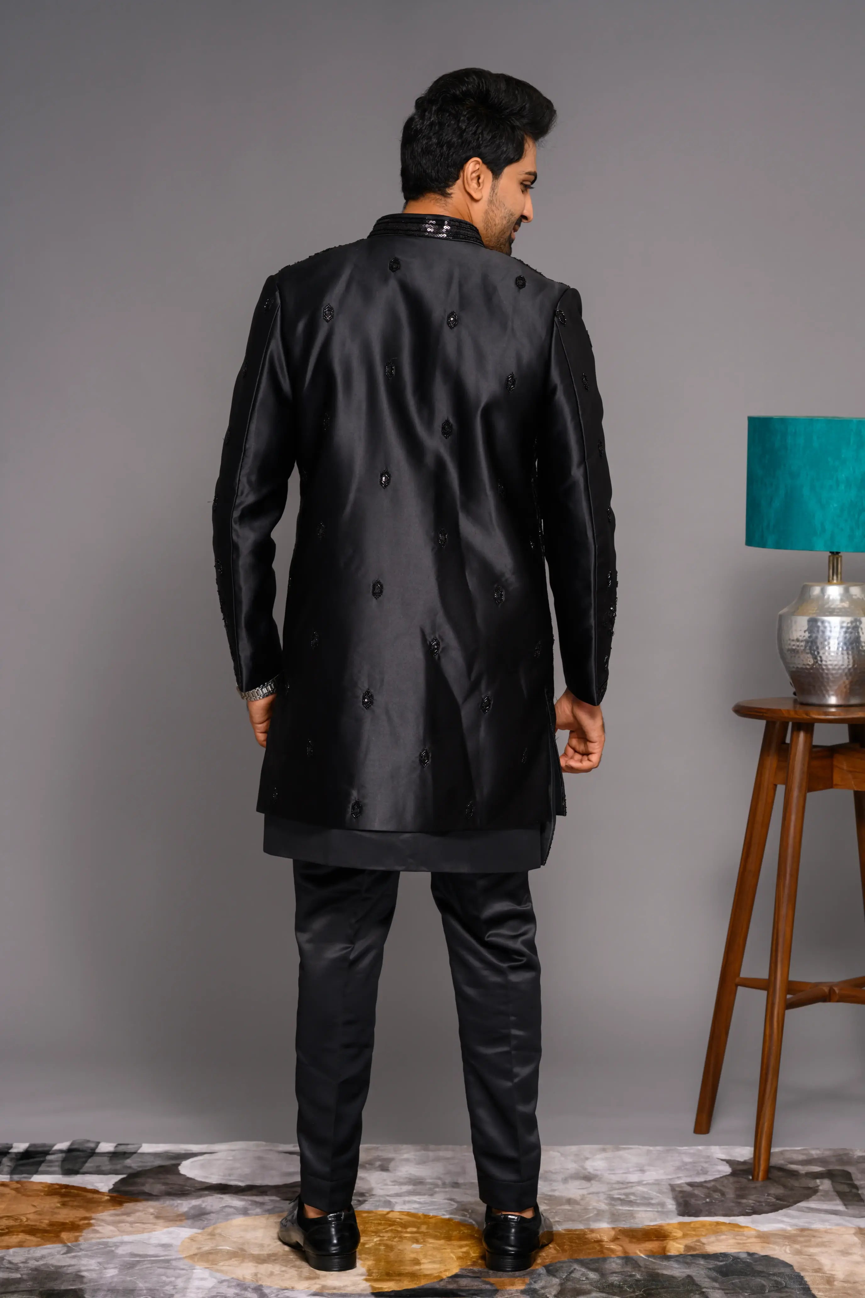 Jet Black Shade Open Indo Western Slim Jacket  paired with Kurta & Narrow Pants (Set of 3)