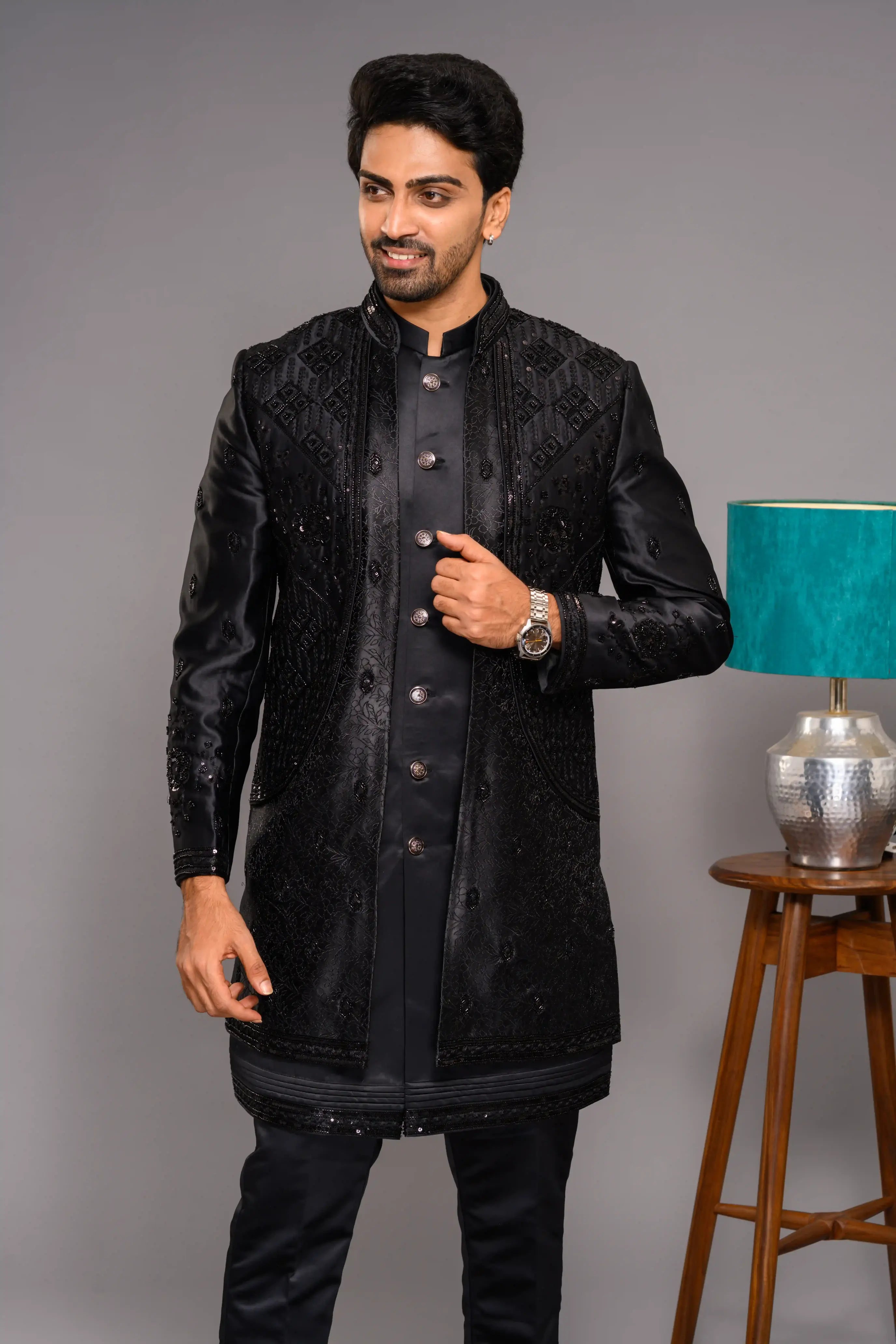 Jet Black Shade Open Indo Western Slim Jacket paired with Kurta & Narrow Pants (Set of 3)