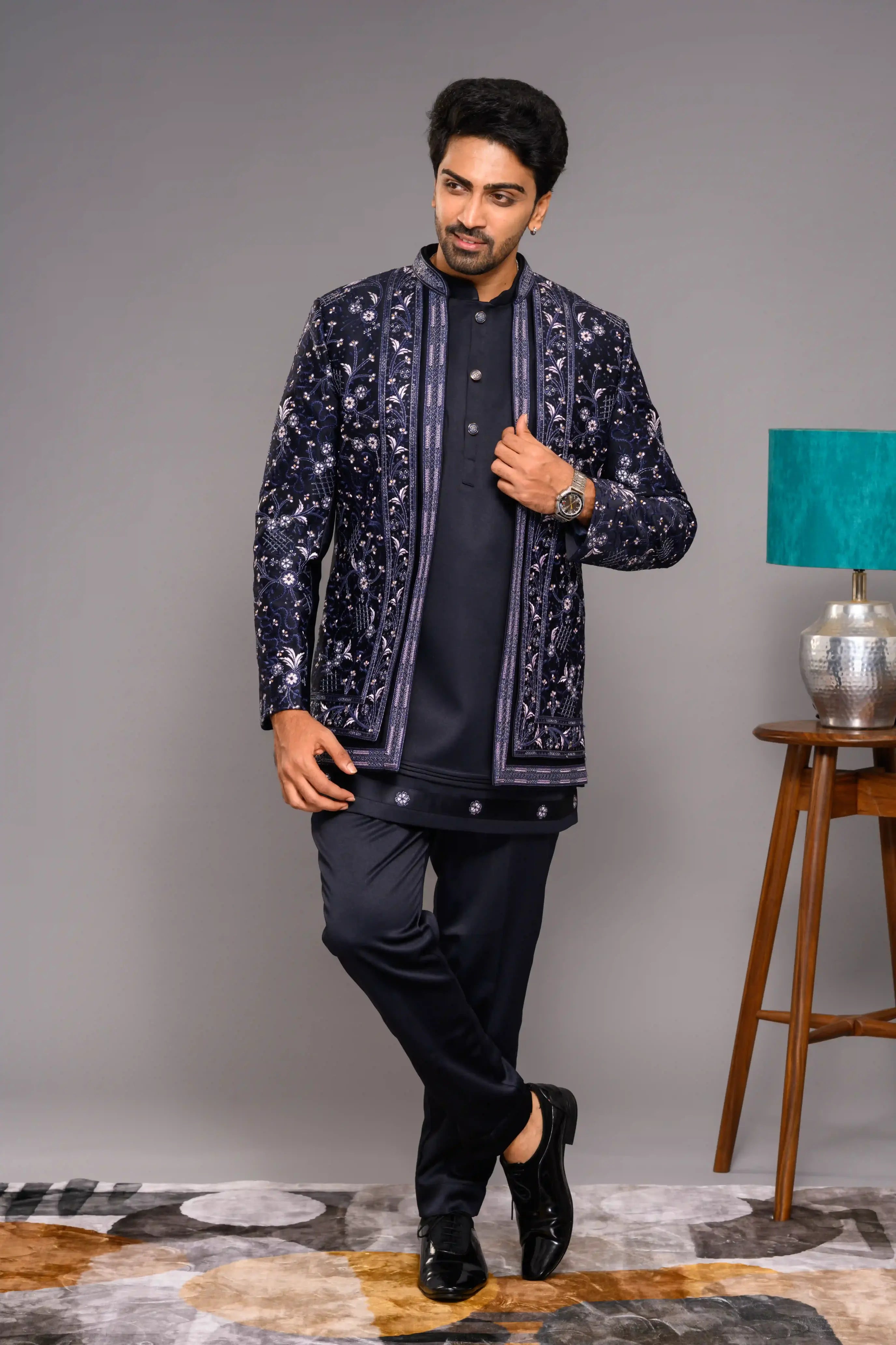 Midnight Blue Open Indo Western Slim Jacket  paired with Kurta & Narrow Pants (Set of 3)