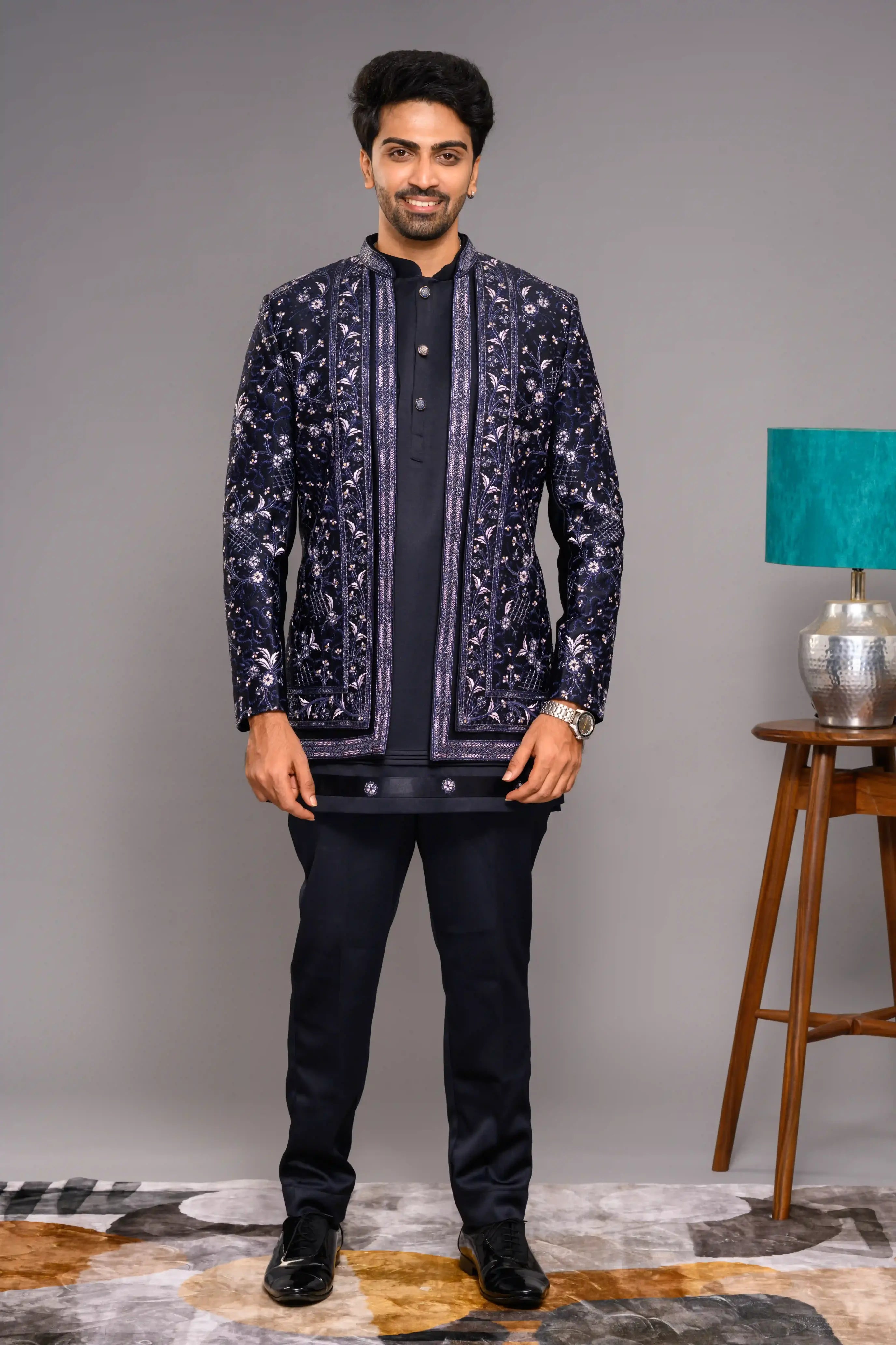 Midnight Blue Open Indo Western Slim Jacket  paired with Kurta & Narrow Pants (Set of 3)