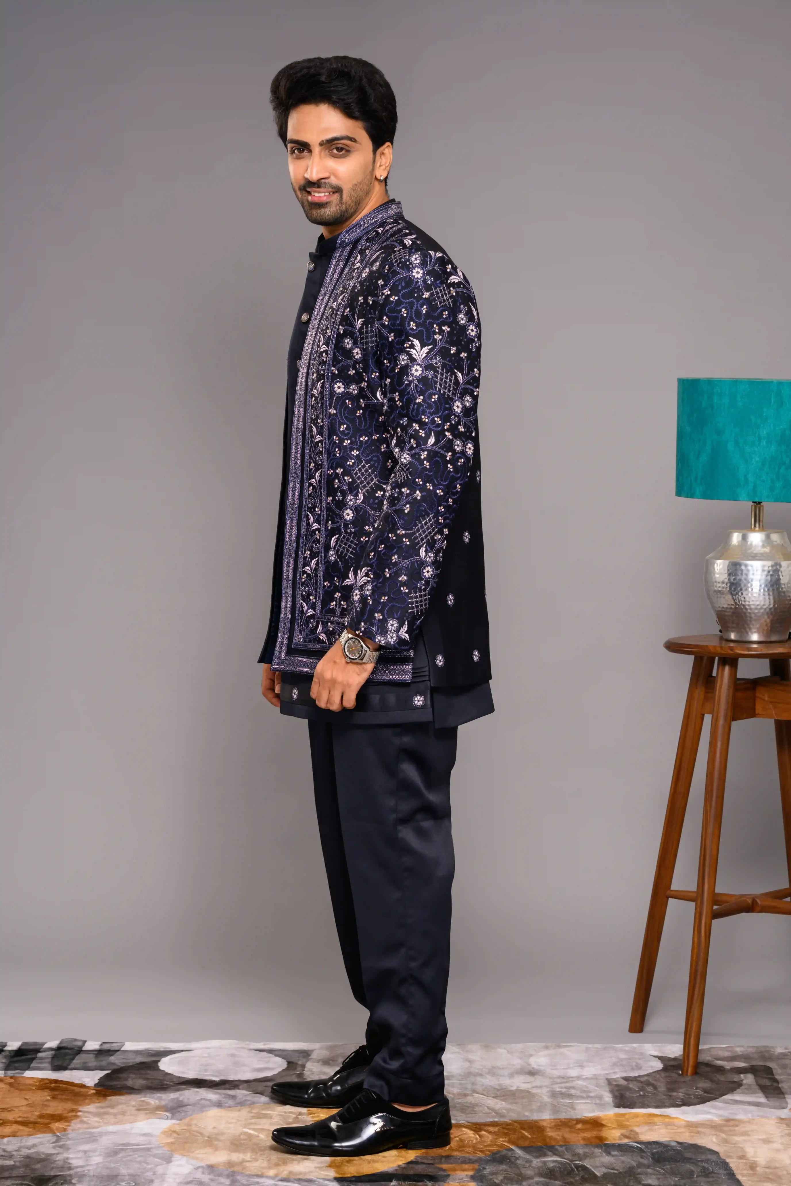 Midnight Blue Open Indo Western Slim Jacket  paired with Kurta & Narrow Pants (Set of 3)