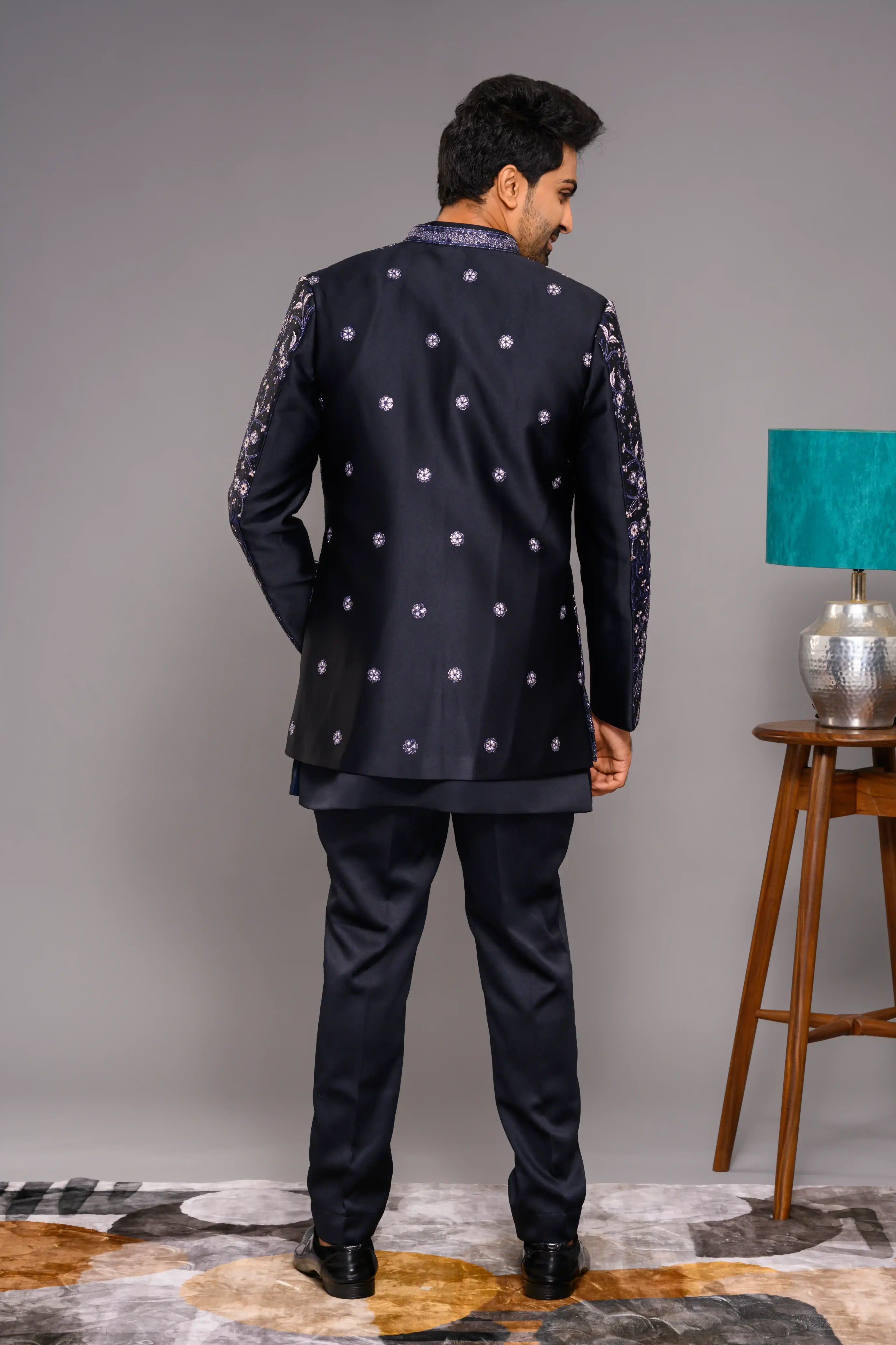 Midnight Blue Open Indo Western Slim Jacket  paired with Kurta & Narrow Pants (Set of 3)