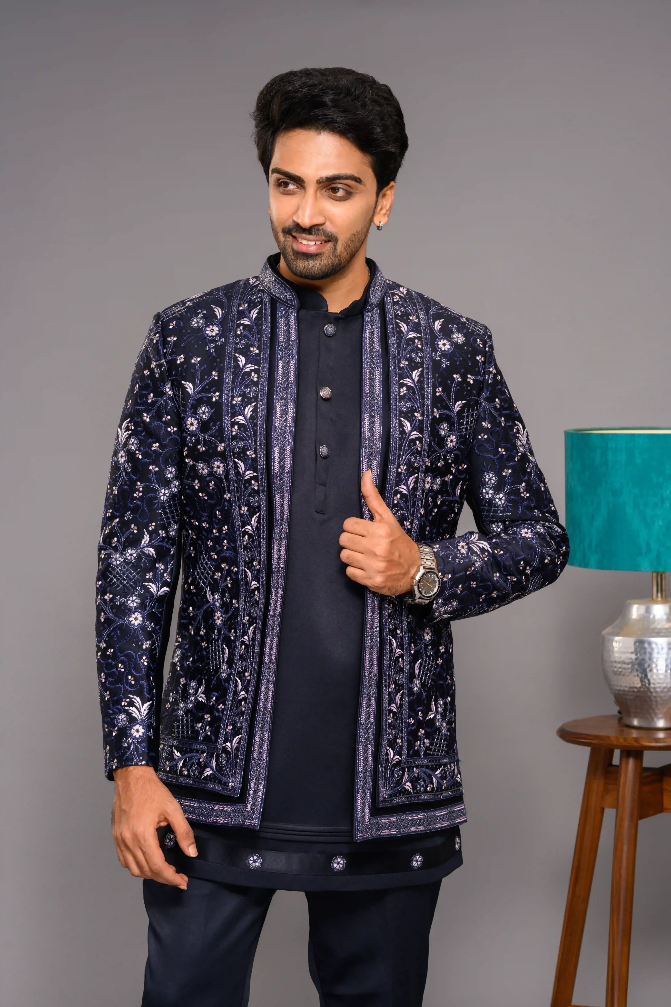 Midnight Blue Open Indo Western Slim Jacket paired with Kurta & Narrow Pants (Set of 3)