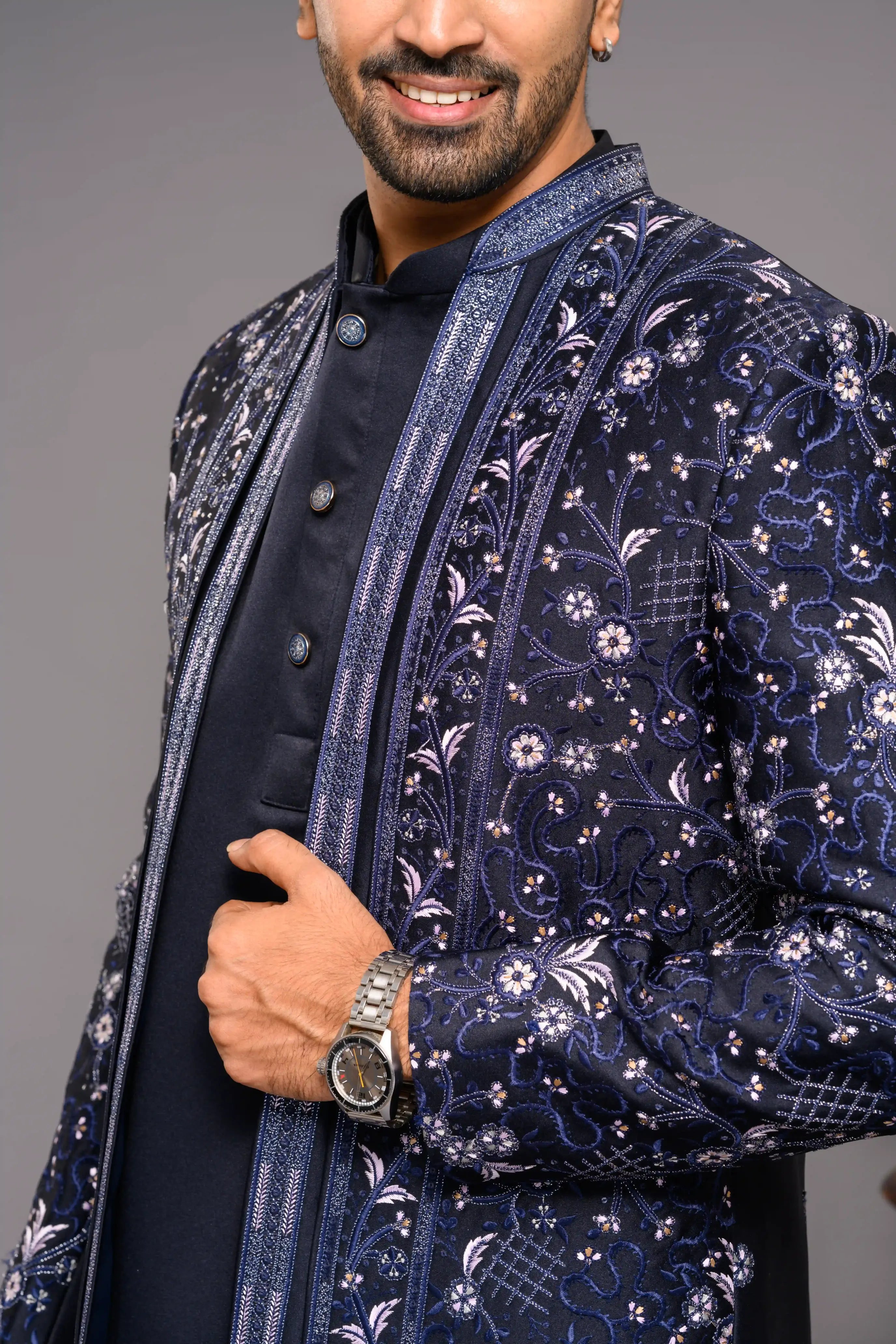 Midnight Blue Open Indo Western Slim Jacket paired with Kurta & Narrow Pants (Set of 3)