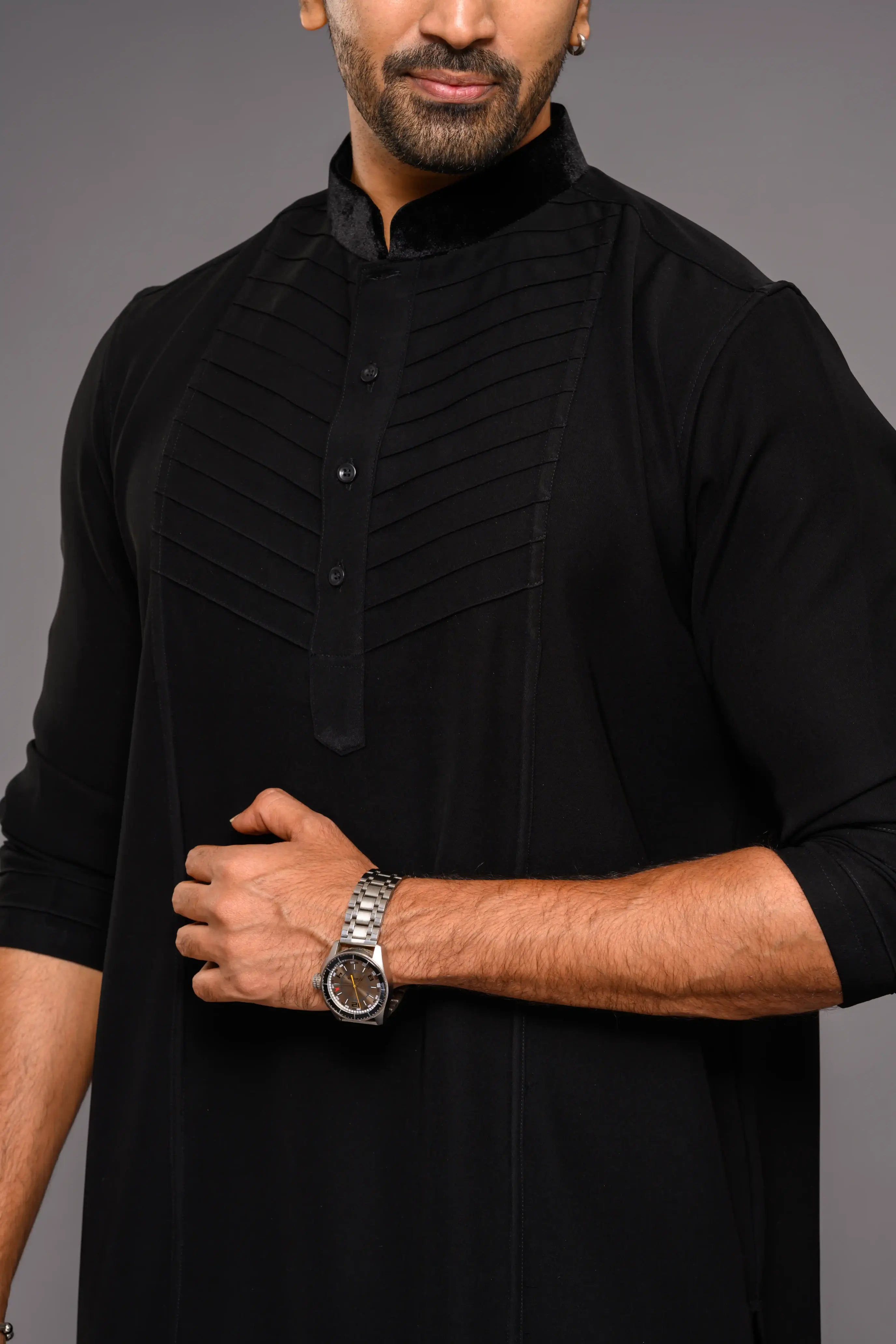 Designer Black Kurta with Self Tuck design detailed in Velvet Neck & Sleeve edge (Kurta Only)