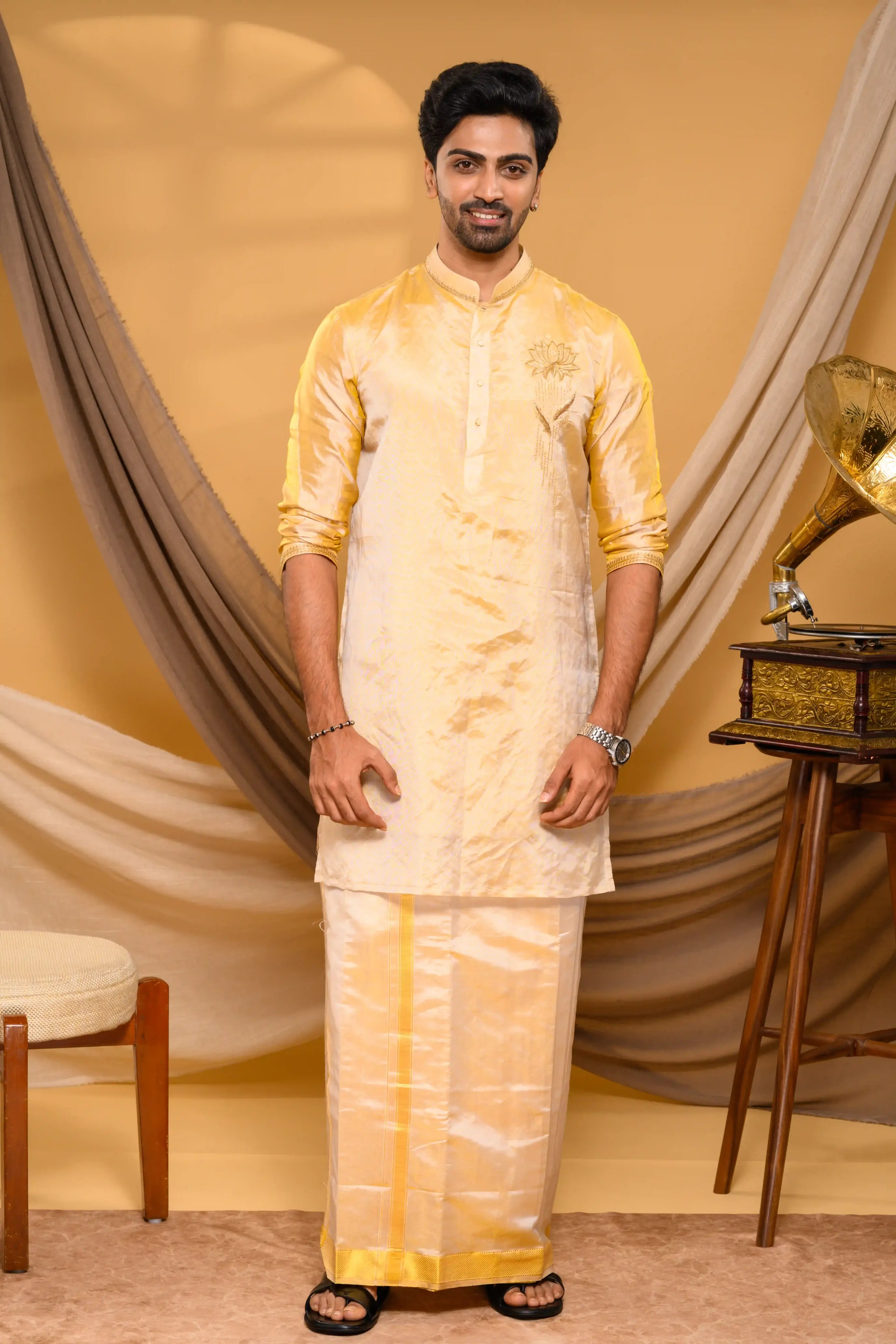 Golden Tissue Silk Kurta with Lotus Motf on Chest (Kurta Only)