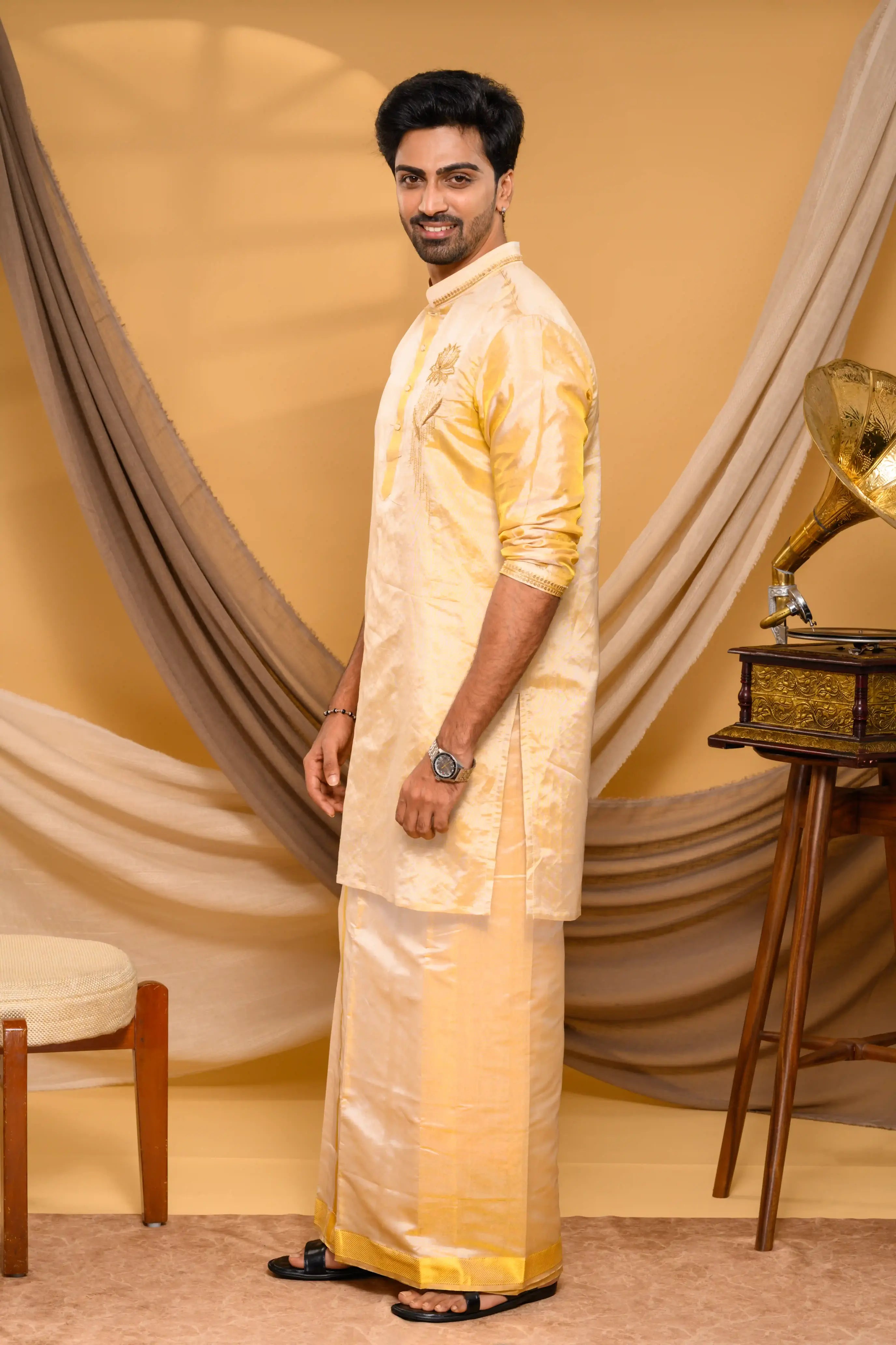 Golden Tissue Silk Kurta with Lotus Motf on Chest (Kurta Only)