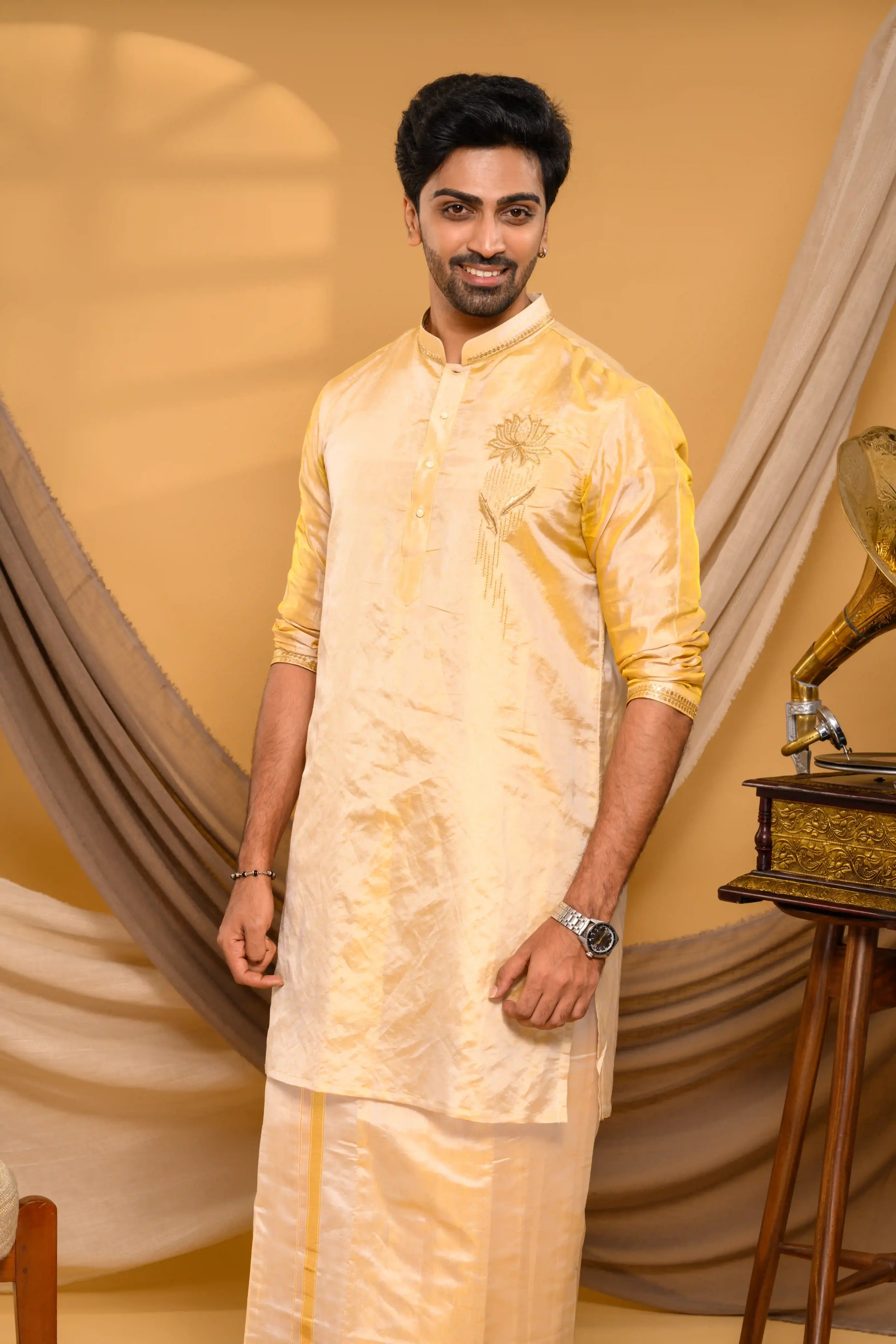 Golden Tissue Silk Kurta with Lotus Motf on Chest (Kurta Only)