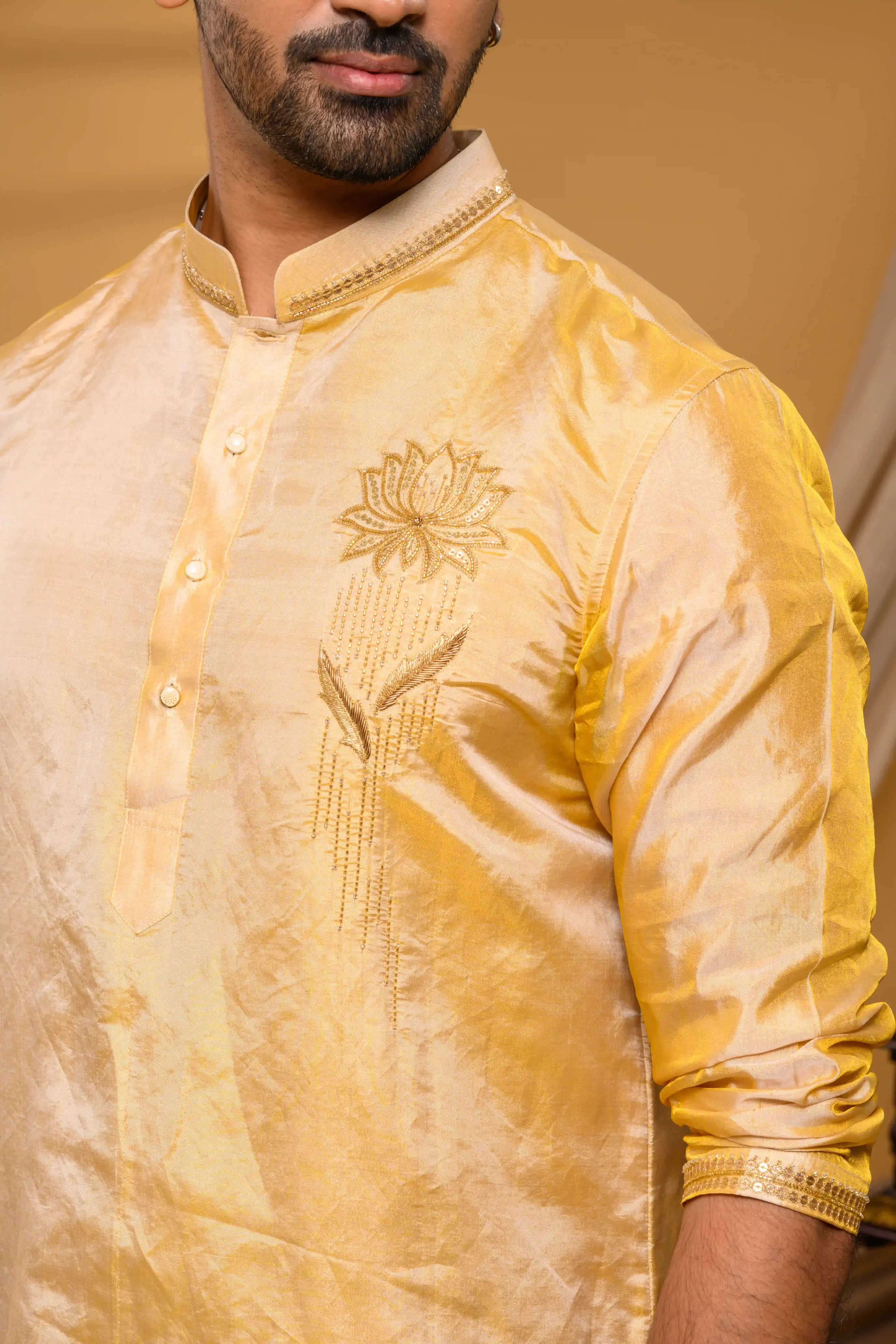 Golden Tissue Silk Kurta with Lotus Motf on Chest (Kurta Only)