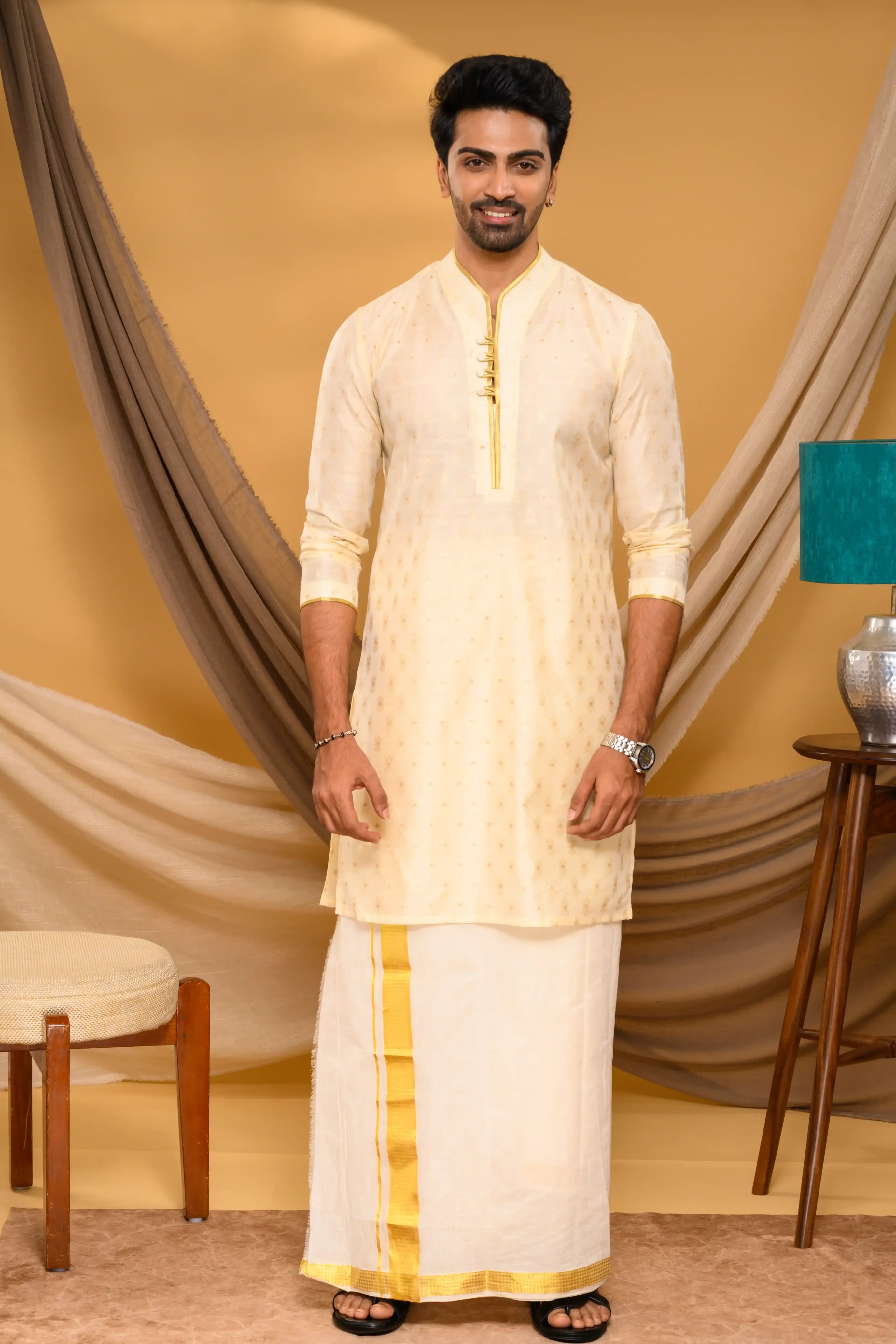 Shawl Collar Light Golden Silk Kurta with golden buta design (Kurta Only)