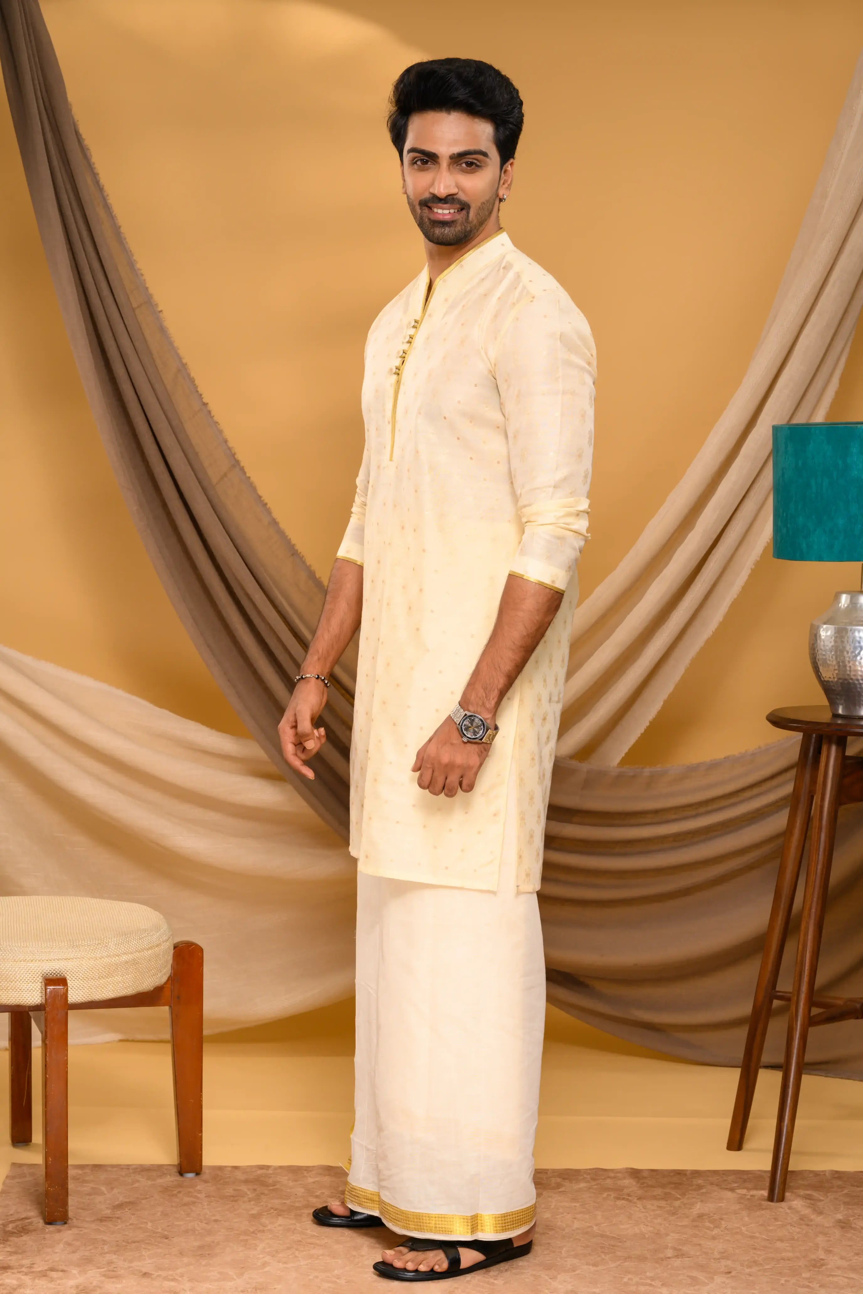 Shawl Collar Light Golden Silk Kurta with golden buta design (Kurta Only)
