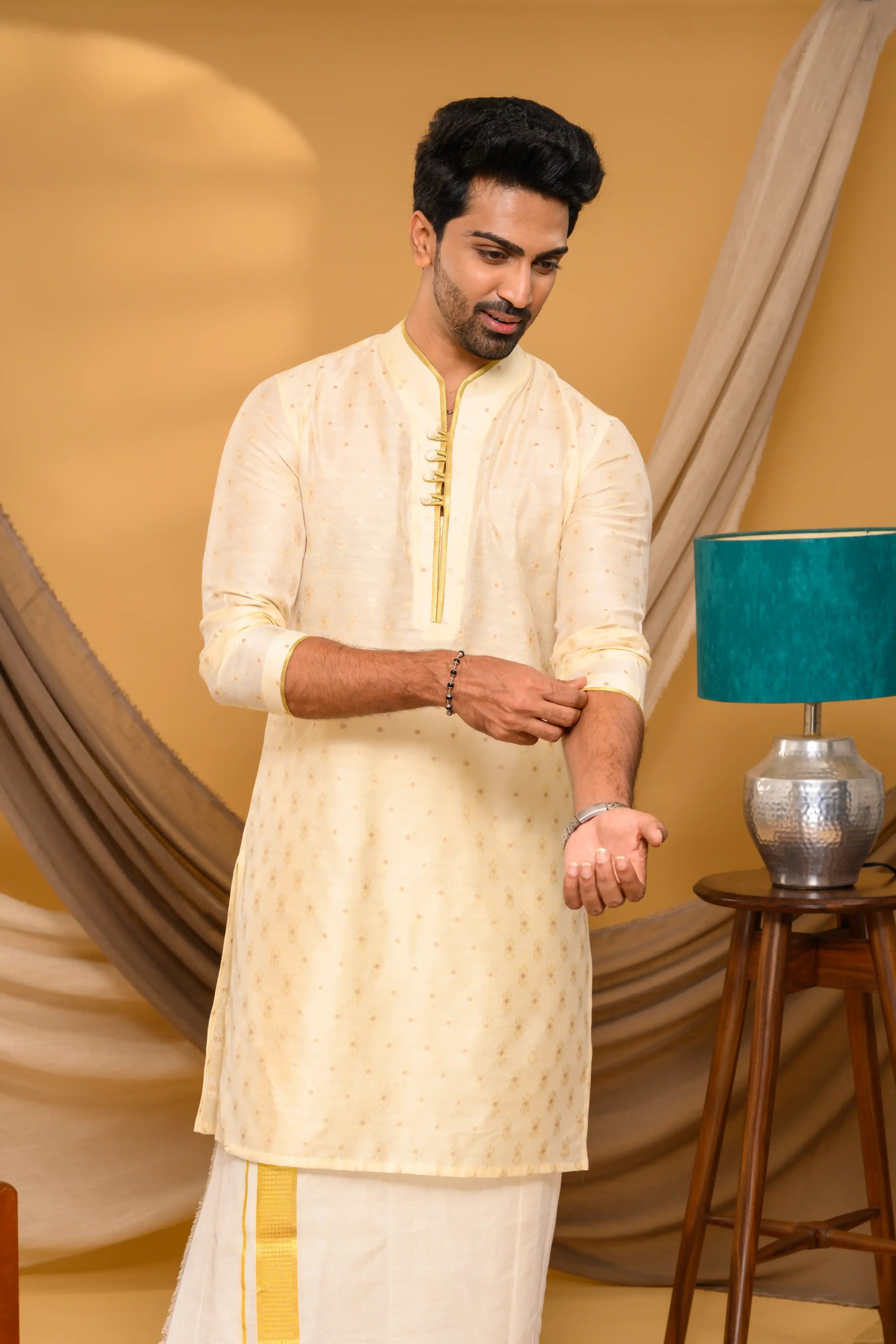 Shawl Collar Light Golden Silk Kurta with golden buta design (Kurta Only)