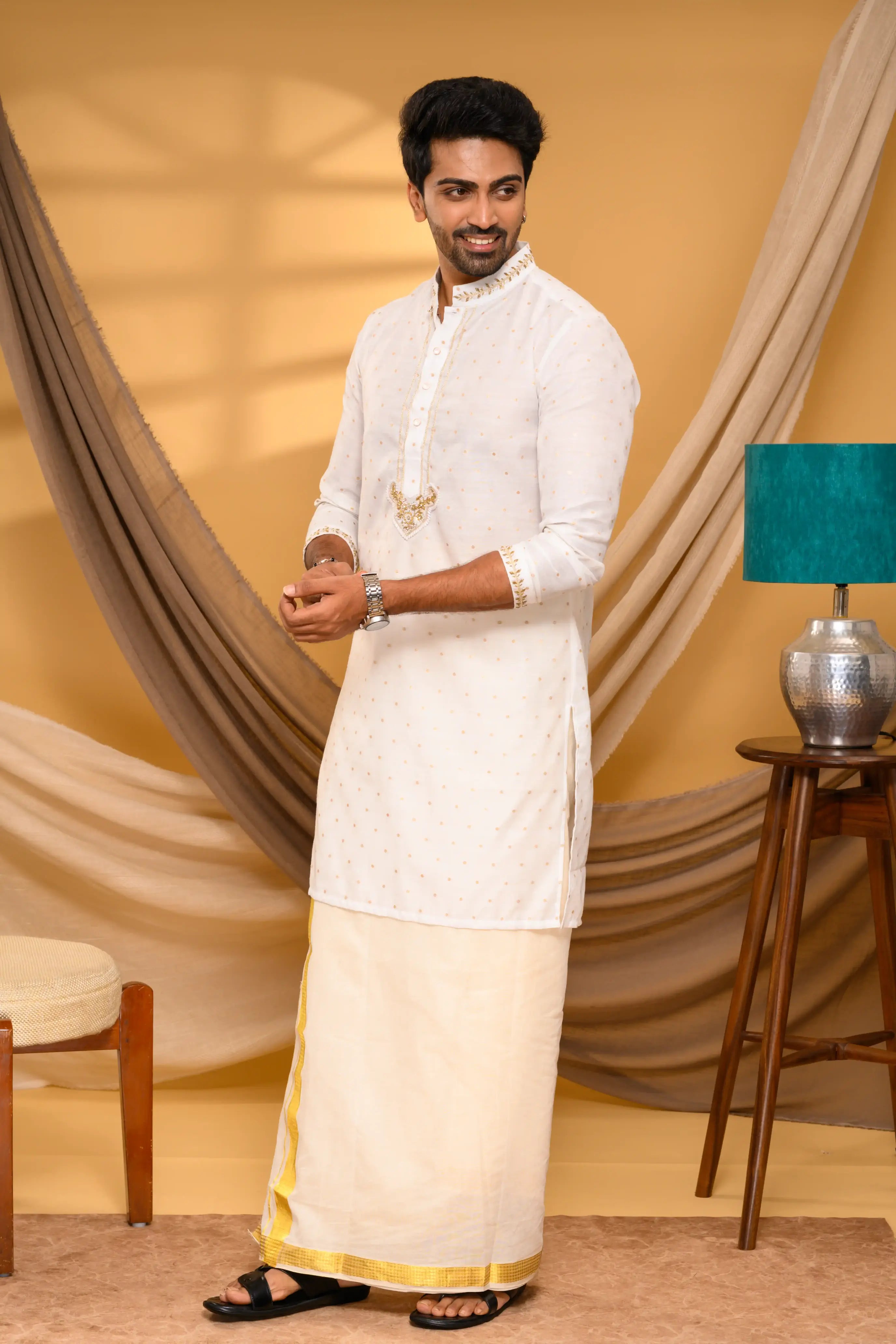 Ivory Shade Silk Kurta with floral buta hand work detailing (Kurta Only)