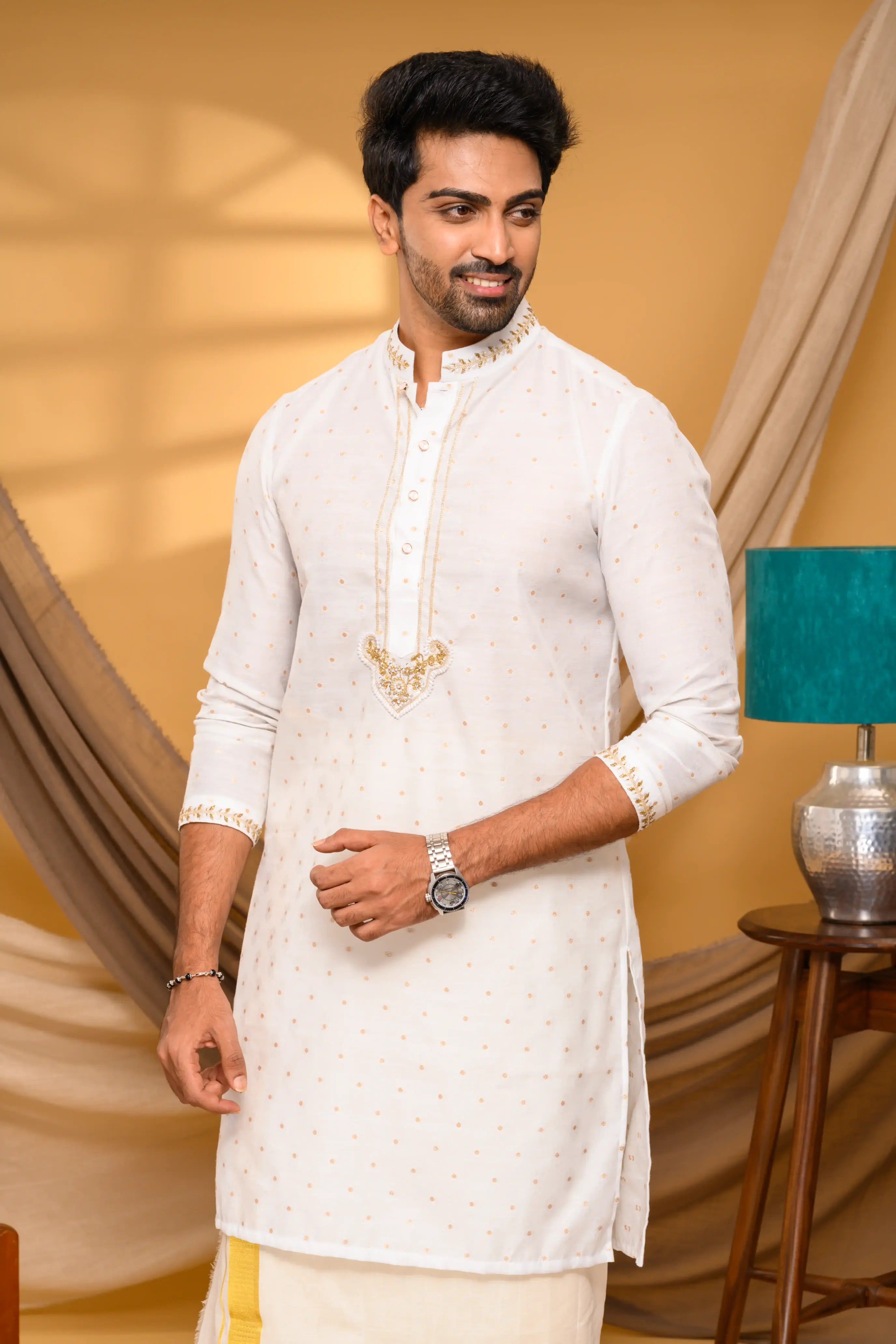 Ivory Shade Silk Kurta with floral buta hand work detailing (Kurta Only)