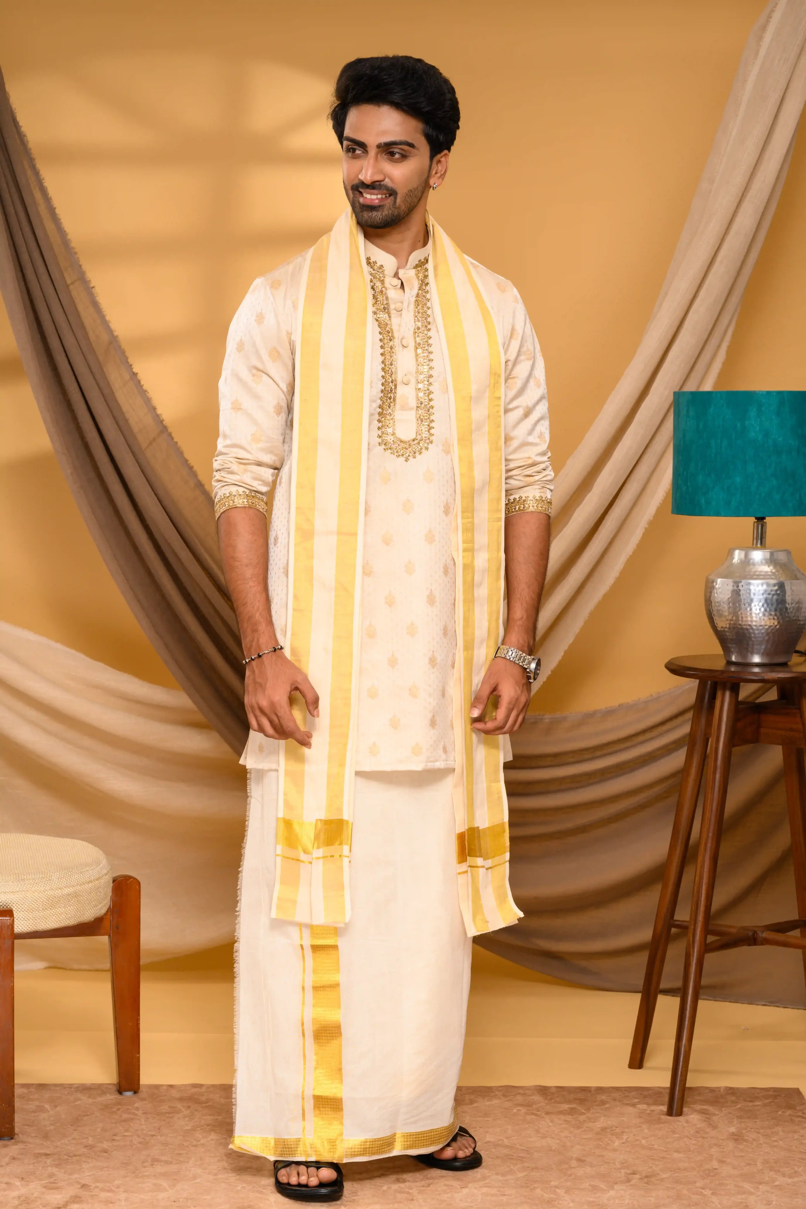 Light Golden Heavy Brocade Silk Kurta with Hand Embroidery Detailing (Kurta Only)