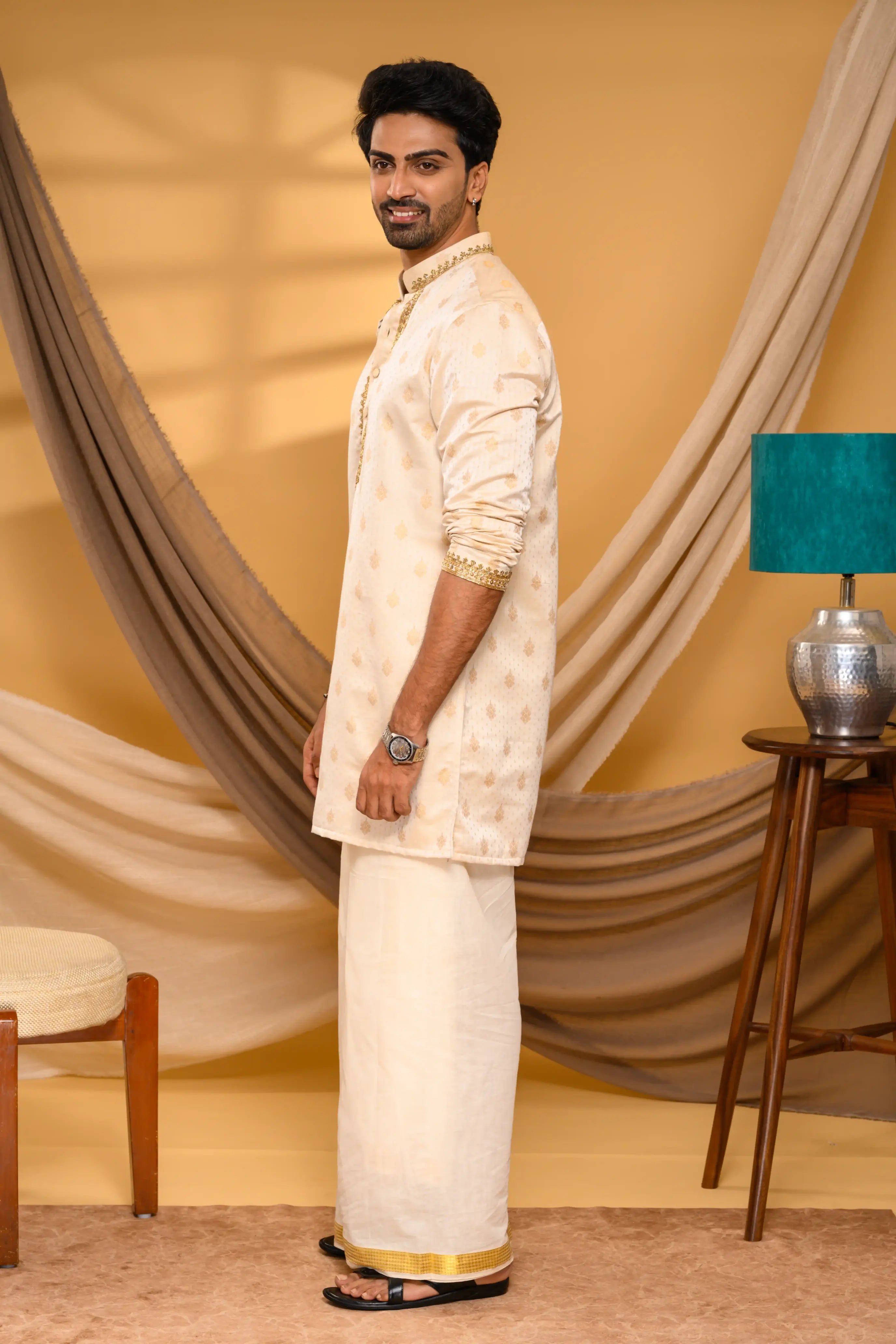 Light Golden Heavy Brocade Silk Kurta with Hand Embroidery Detailing (Kurta Only)